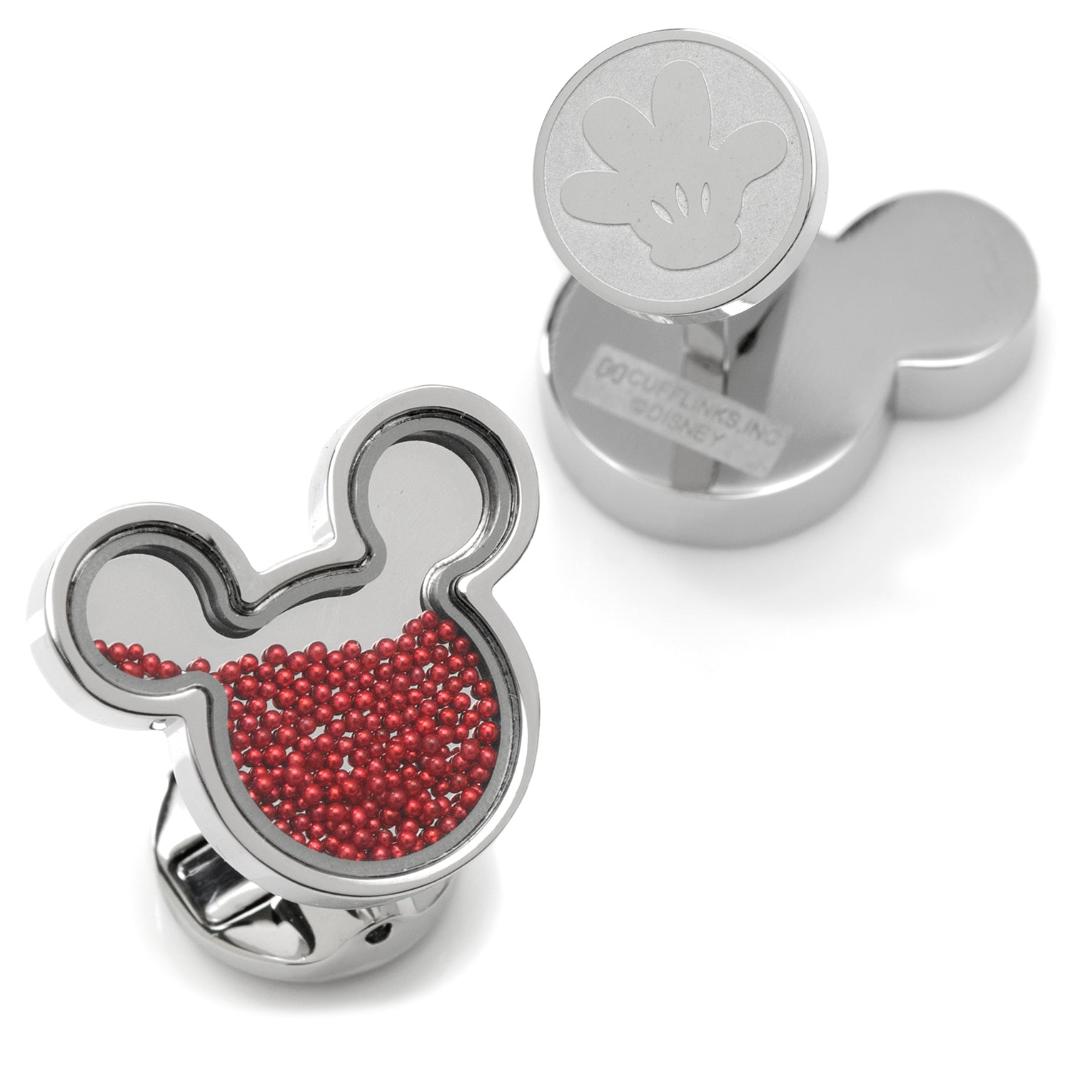 Disney Mickey Mouse Red Caviar Bead Silhouette Cufflinks with stainless steel base and floating red bead interior. Officially licensed by Disney.
