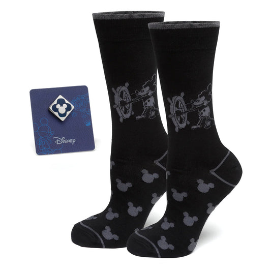 Disney Mickey Mouse Steamboat Willie Sock and Mickey Blue Lapel Pin Gift Set featuring black-and-white socks with vintage Mickey design and blue enamel lapel pin. Officially licensed by Disney.