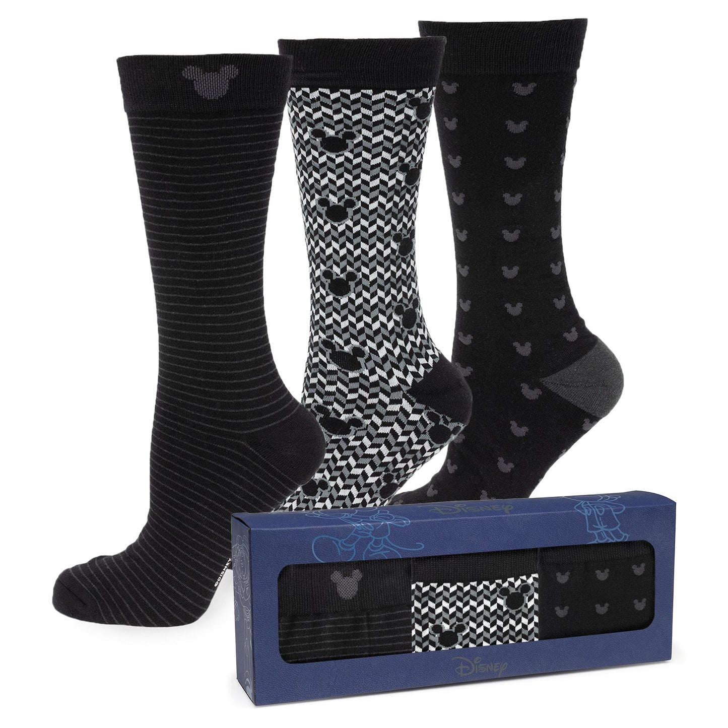Disney Mickey Mouse Silhouette Black Gift Set featuring three black patterned socks and a matching lapel pin. Officially licensed by Disney.