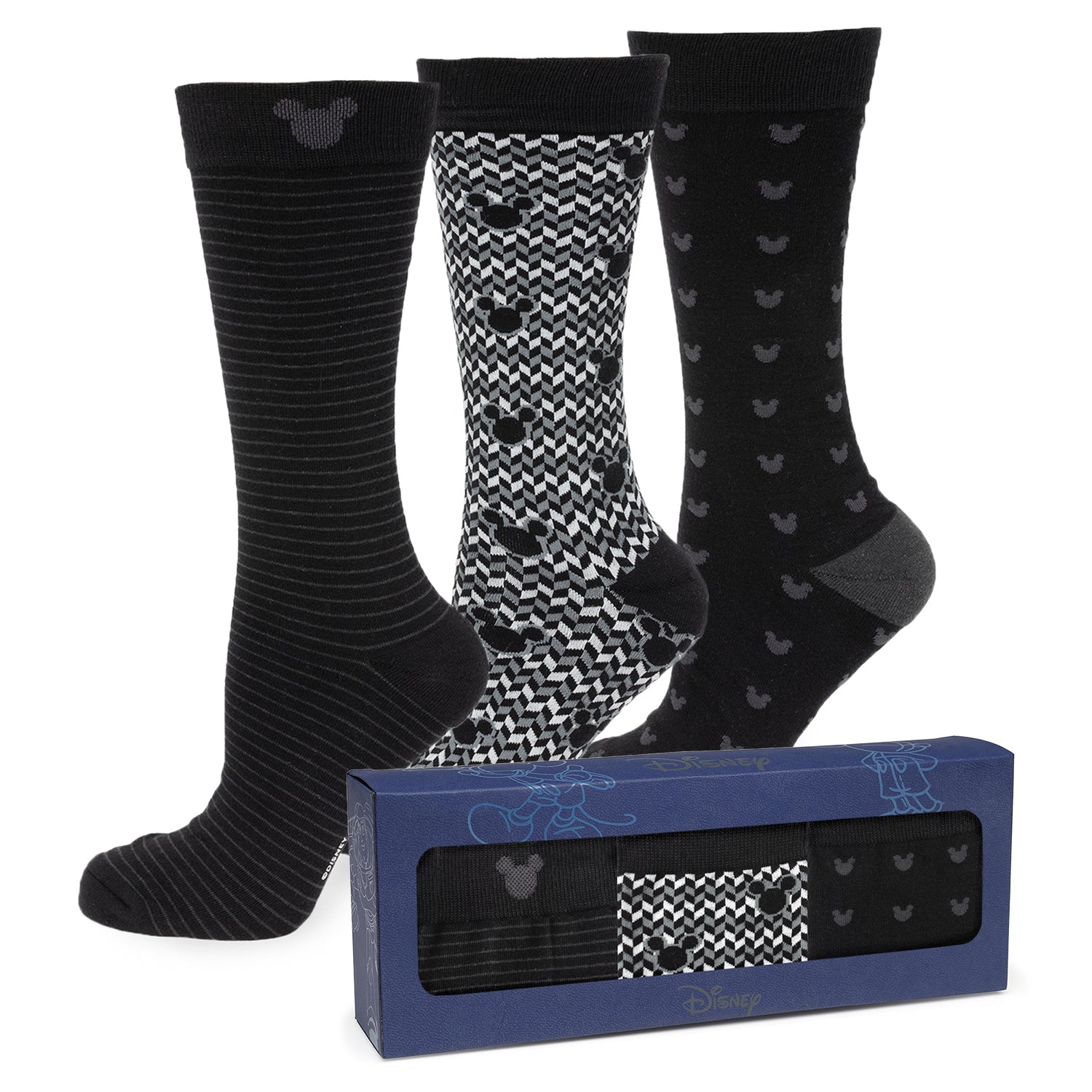 Disney Mickey Mouse Silhouette Black Gift Set featuring three black patterned socks and a matching lapel pin. Officially licensed by Disney.