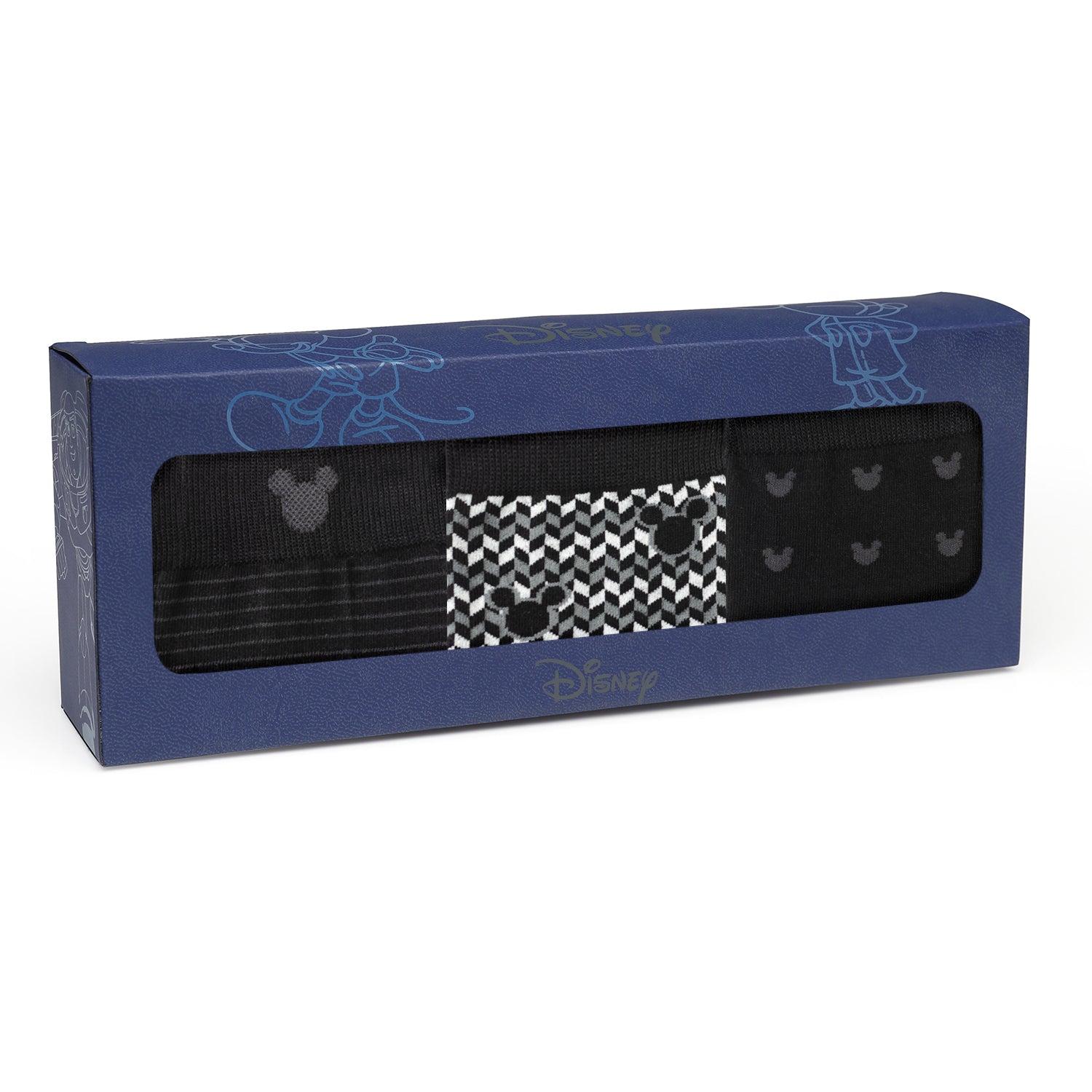 Box of socks with a checkered pattern and black bow design, featuring the Disney brand.