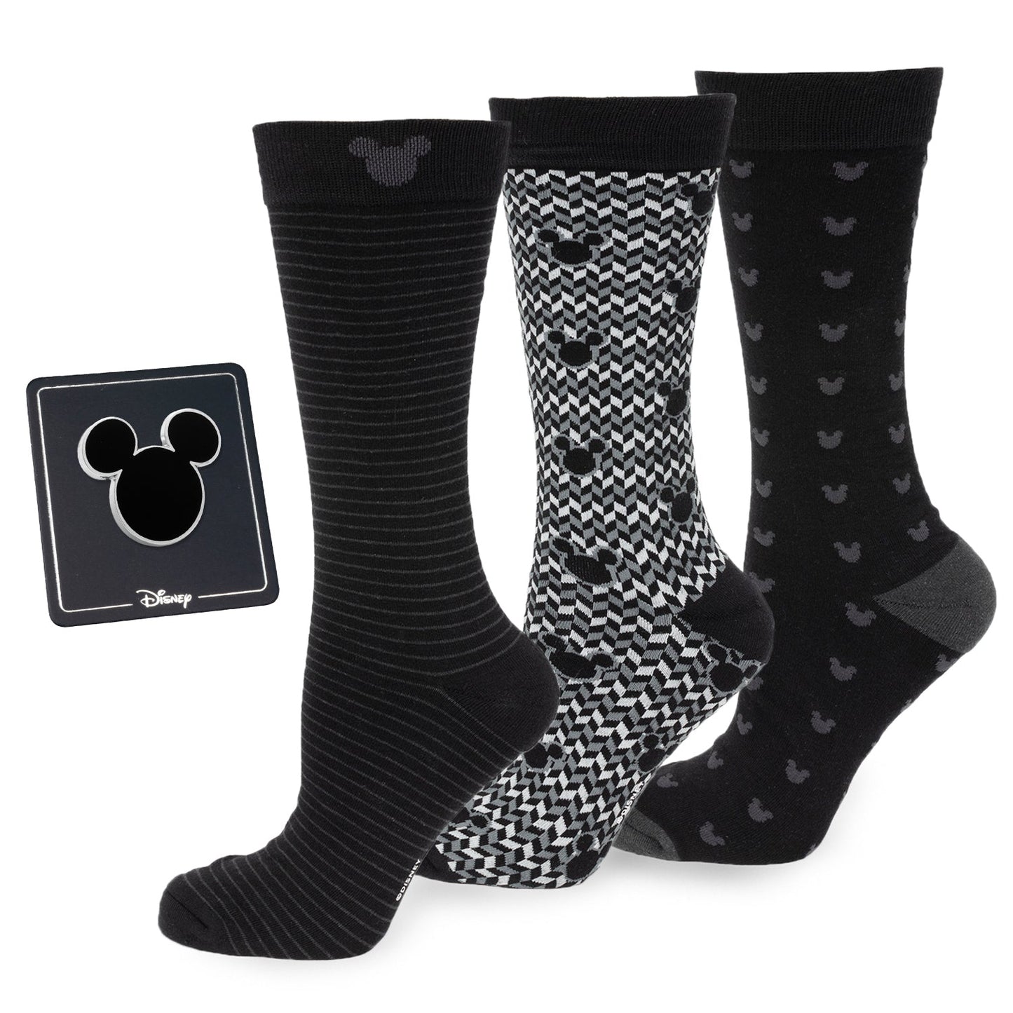 Disney Mickey Mouse Silhouette Black Gift Set featuring three black patterned socks and a matching lapel pin. Officially licensed by Disney.