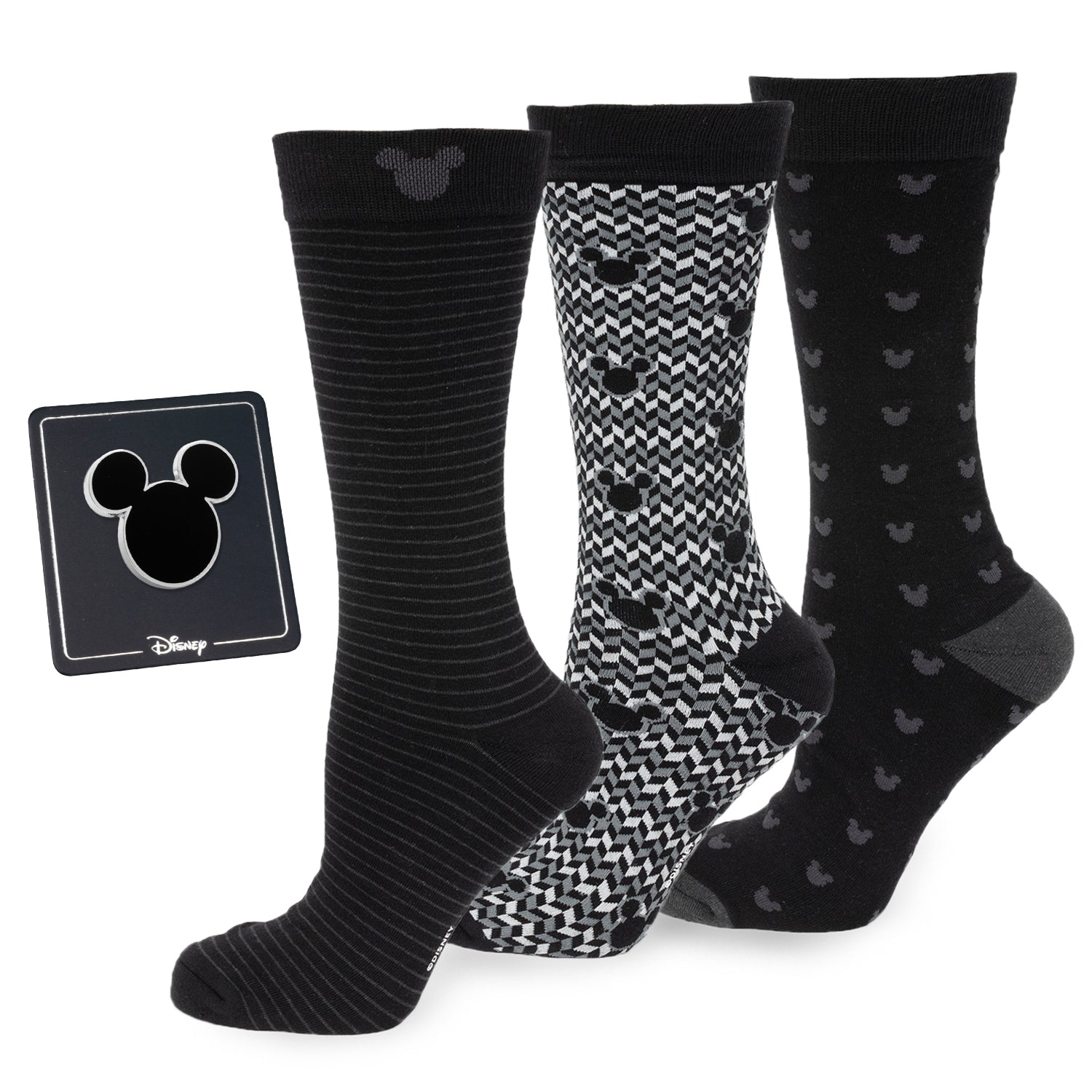Disney Mickey Mouse Silhouette Black Gift Set featuring three black patterned socks and a matching lapel pin. Officially licensed by Disney.