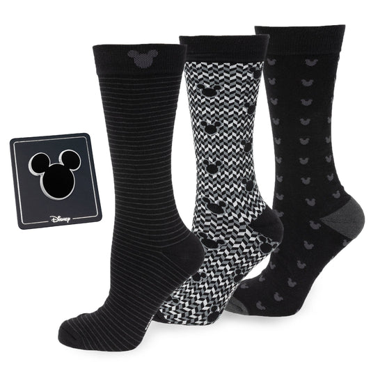 Disney Mickey Mouse Silhouette Black Gift Set featuring three black patterned socks and a matching lapel pin. Officially licensed by Disney.