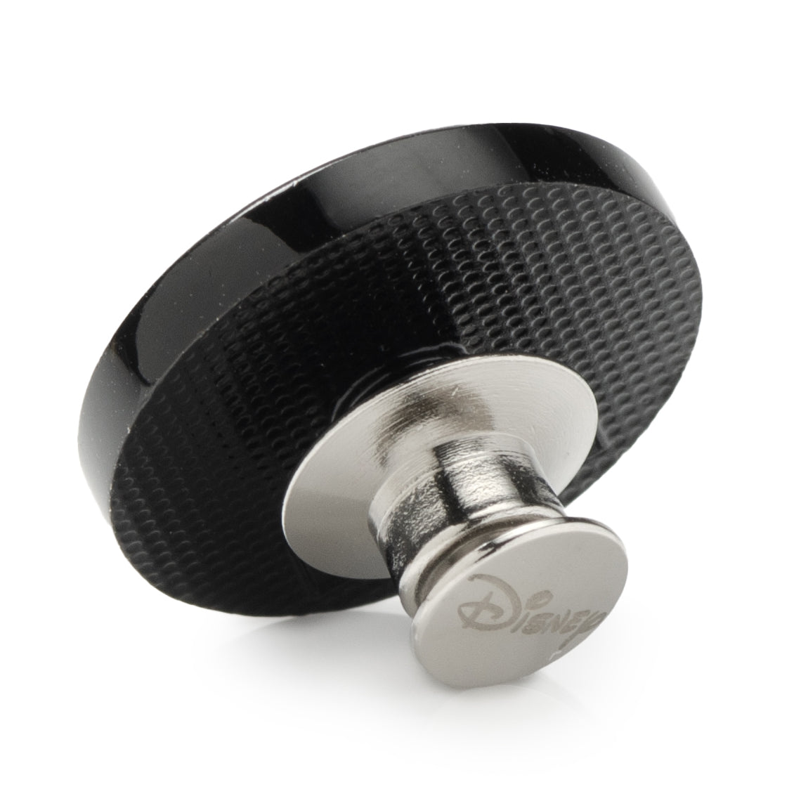 Black and silver knob with a brand logo on a white background