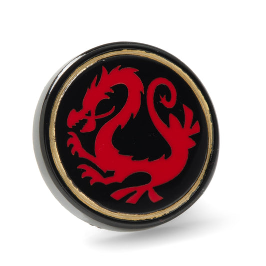 Disney Mulan Mushu Emblem Lapel Pin featuring red dragon design on black and gold base. Officially licensed by Disney.