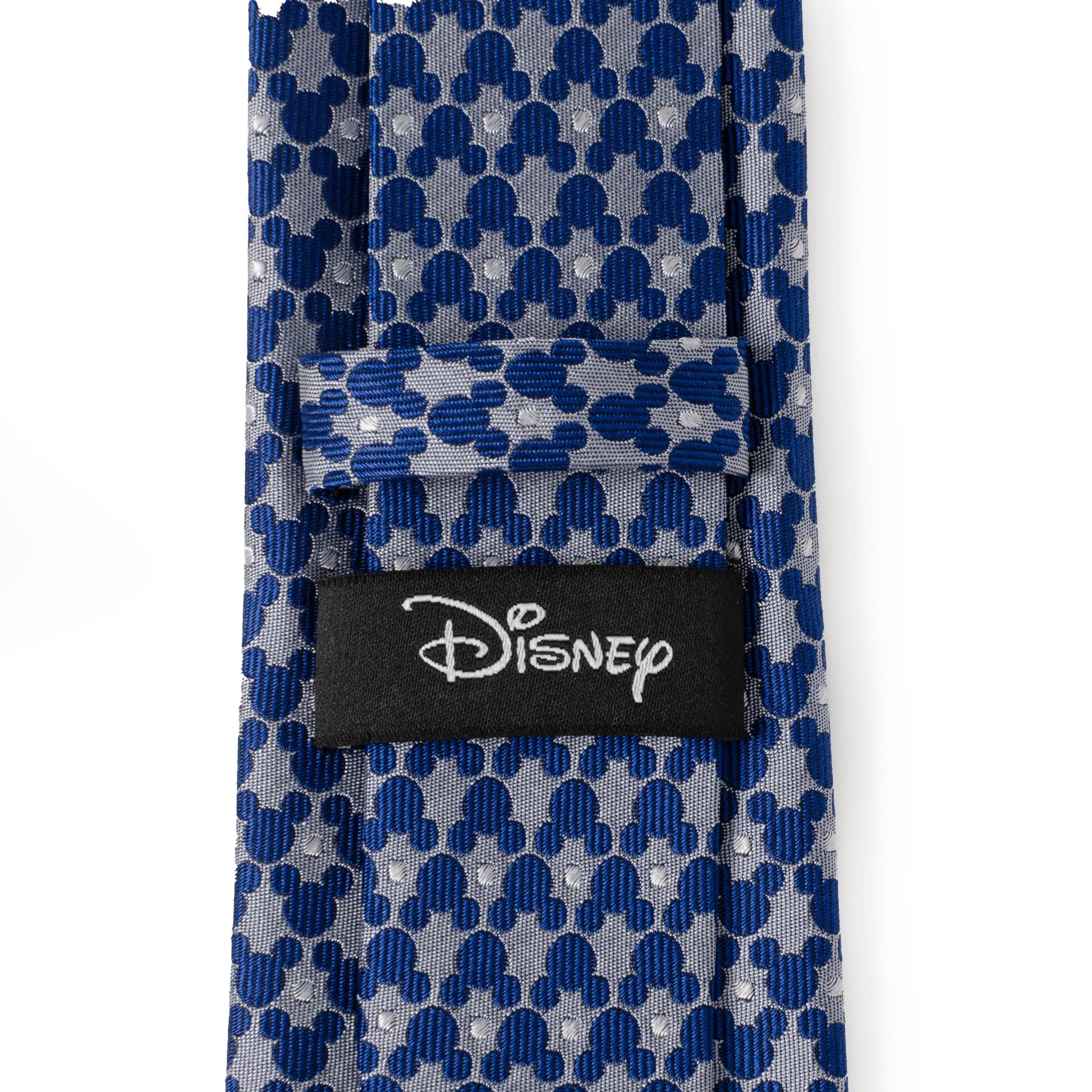 Blue and gray patterned tie with a Disney logo tag on a white background