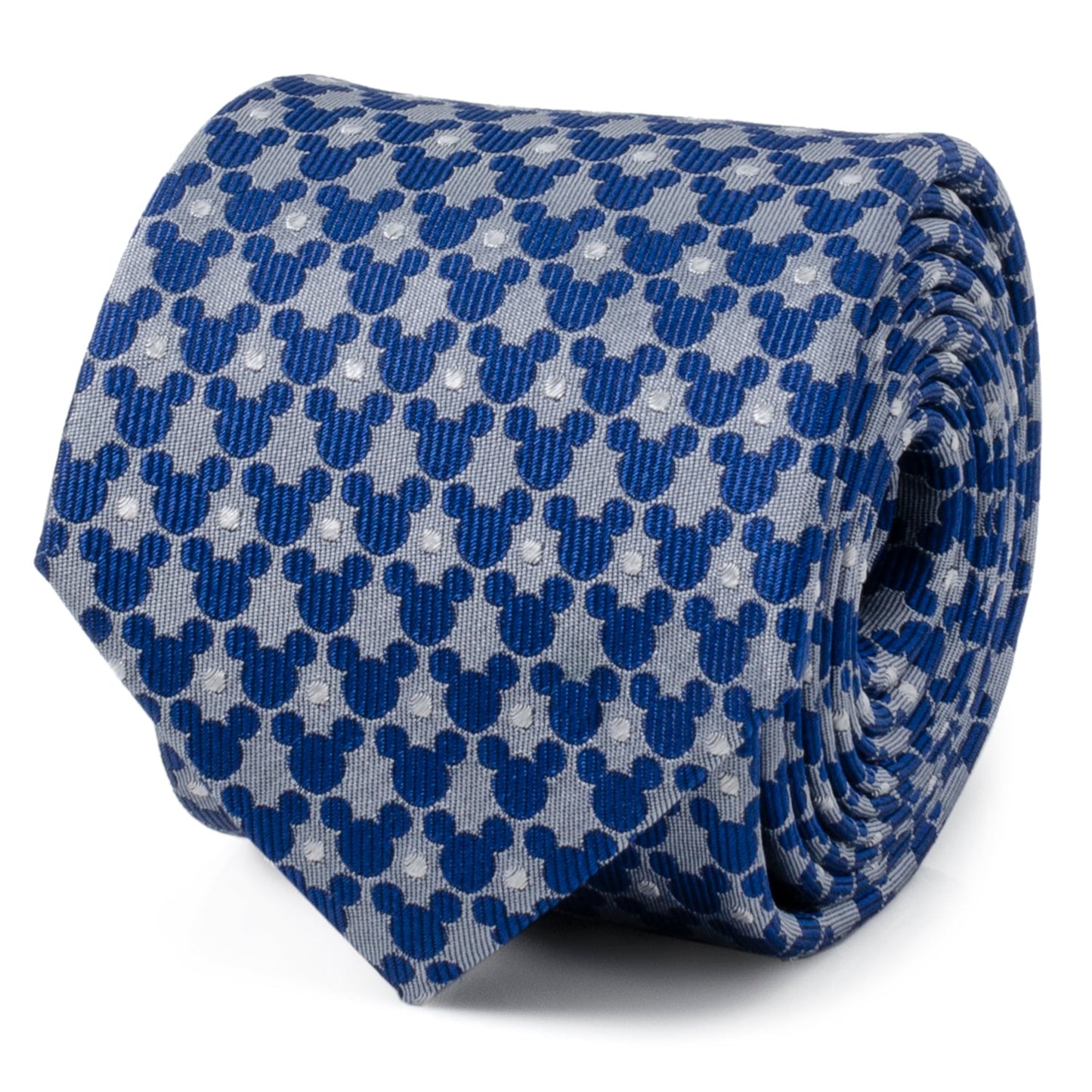 Blue and gray patterned tie with Mickey Mouse heads on a white background