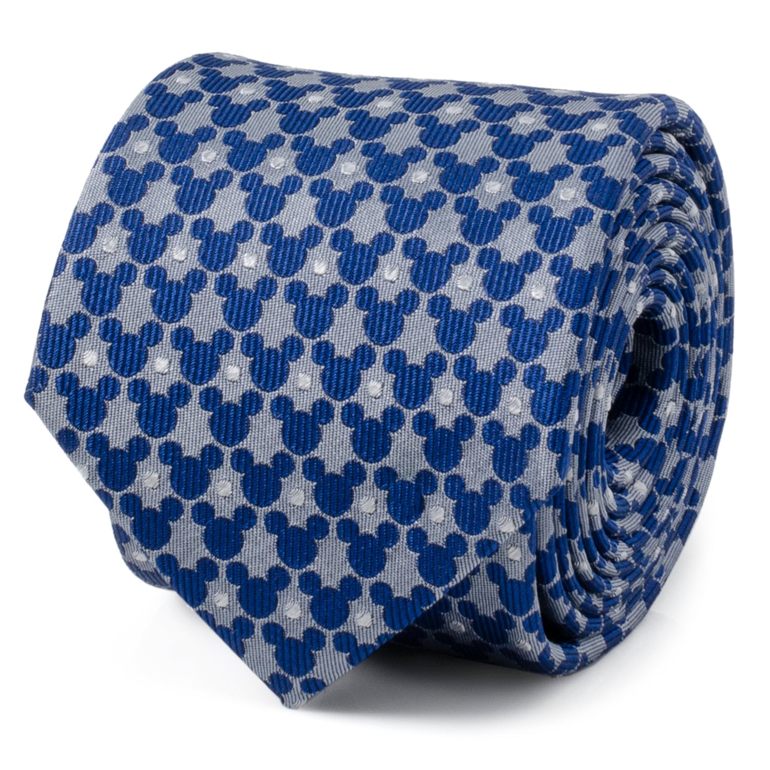 Blue and gray patterned tie with Mickey Mouse heads on a white background