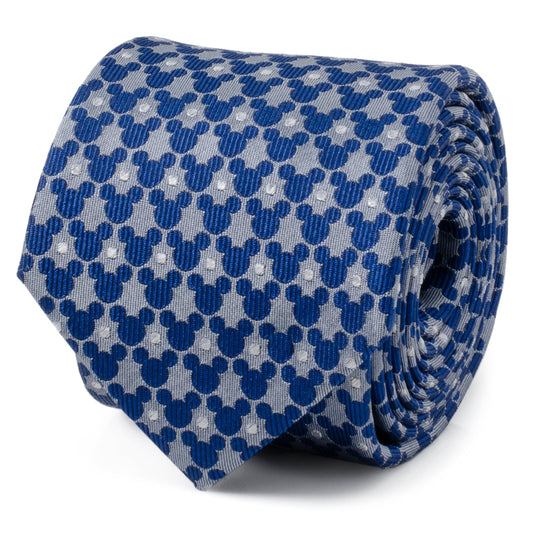 Blue and gray patterned tie with Mickey Mouse heads on a white background