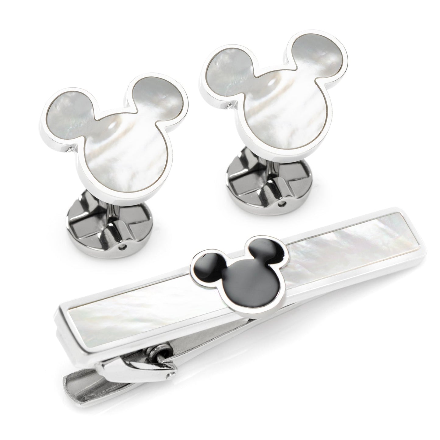 Mickey Mouse-themed cufflinks and tie clip on a white background