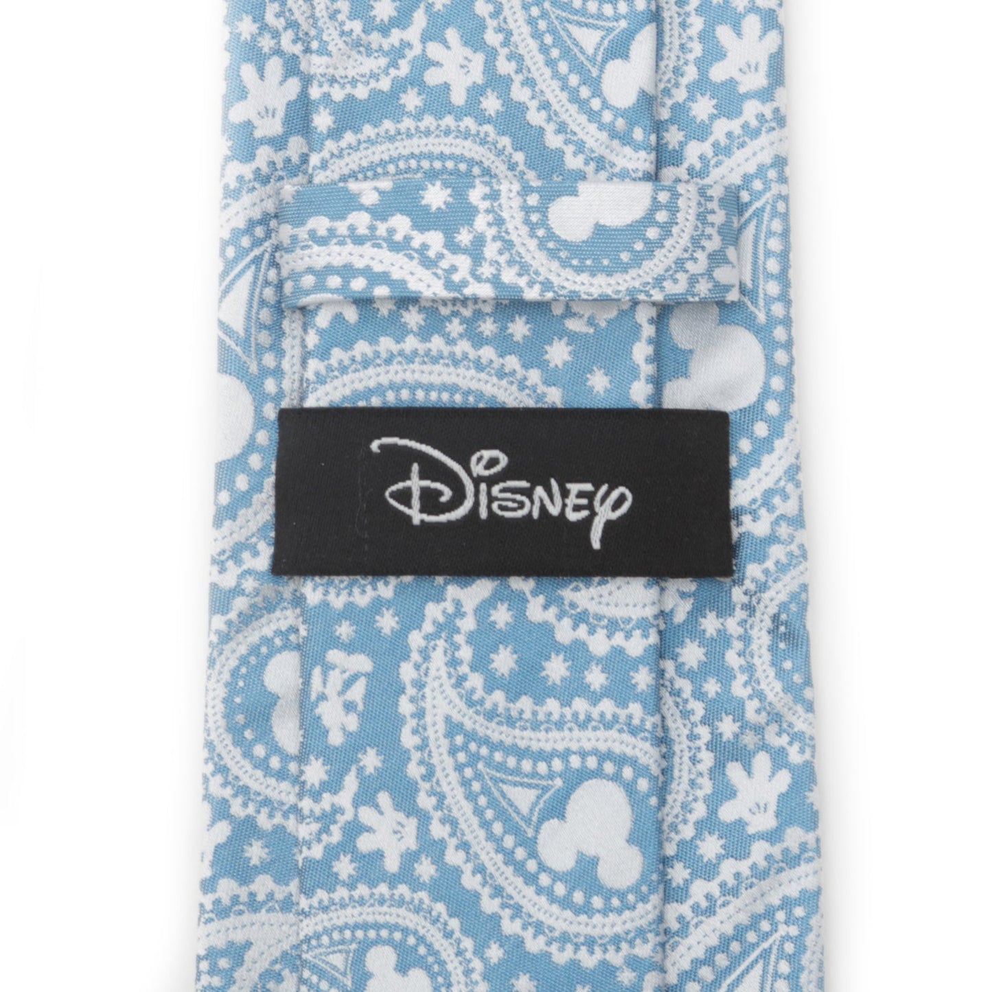 Blue paisley patterned tie with white Mickey Mouse designs and a Disney label on a white background
