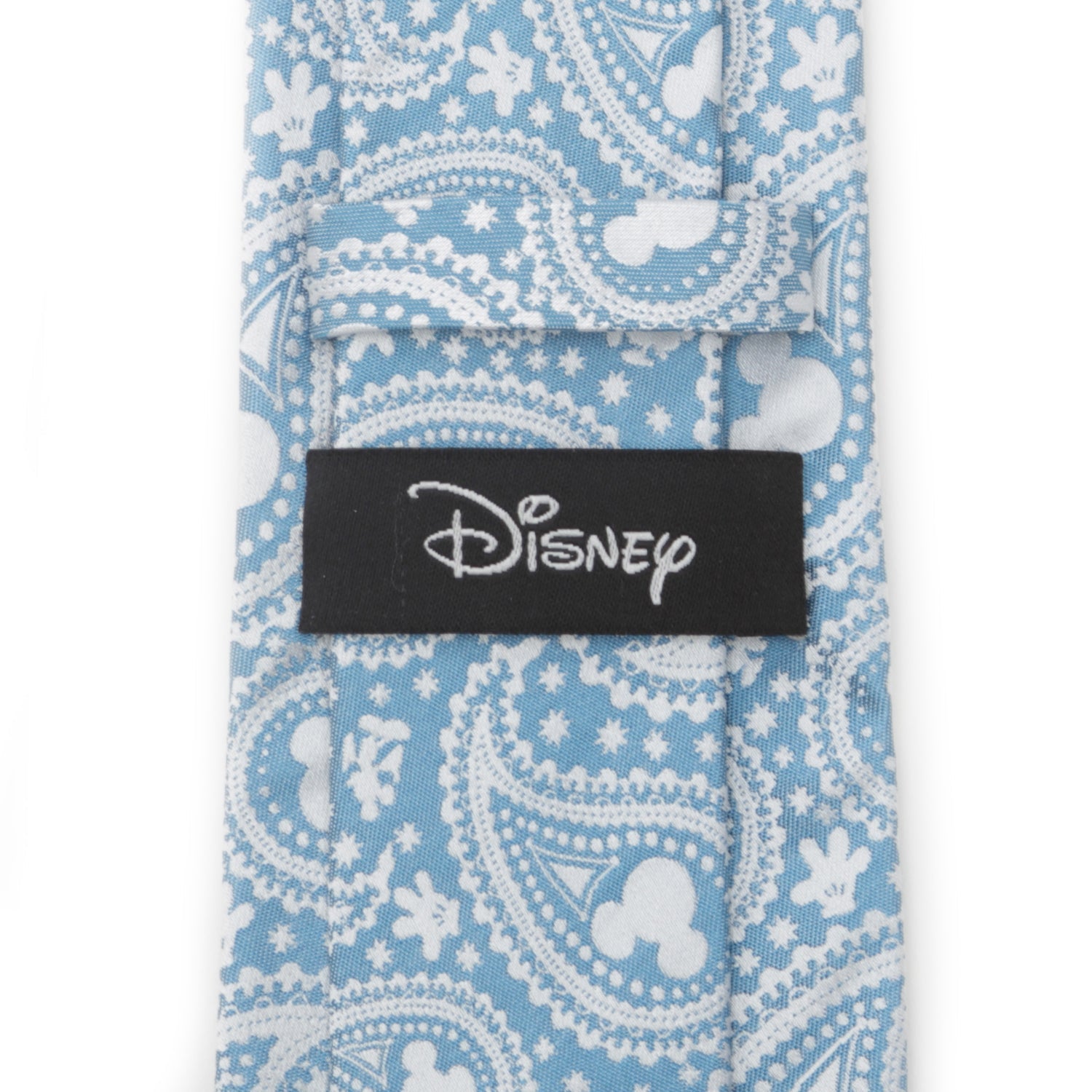 Blue paisley patterned tie with white Mickey Mouse designs and a Disney label on a white background
