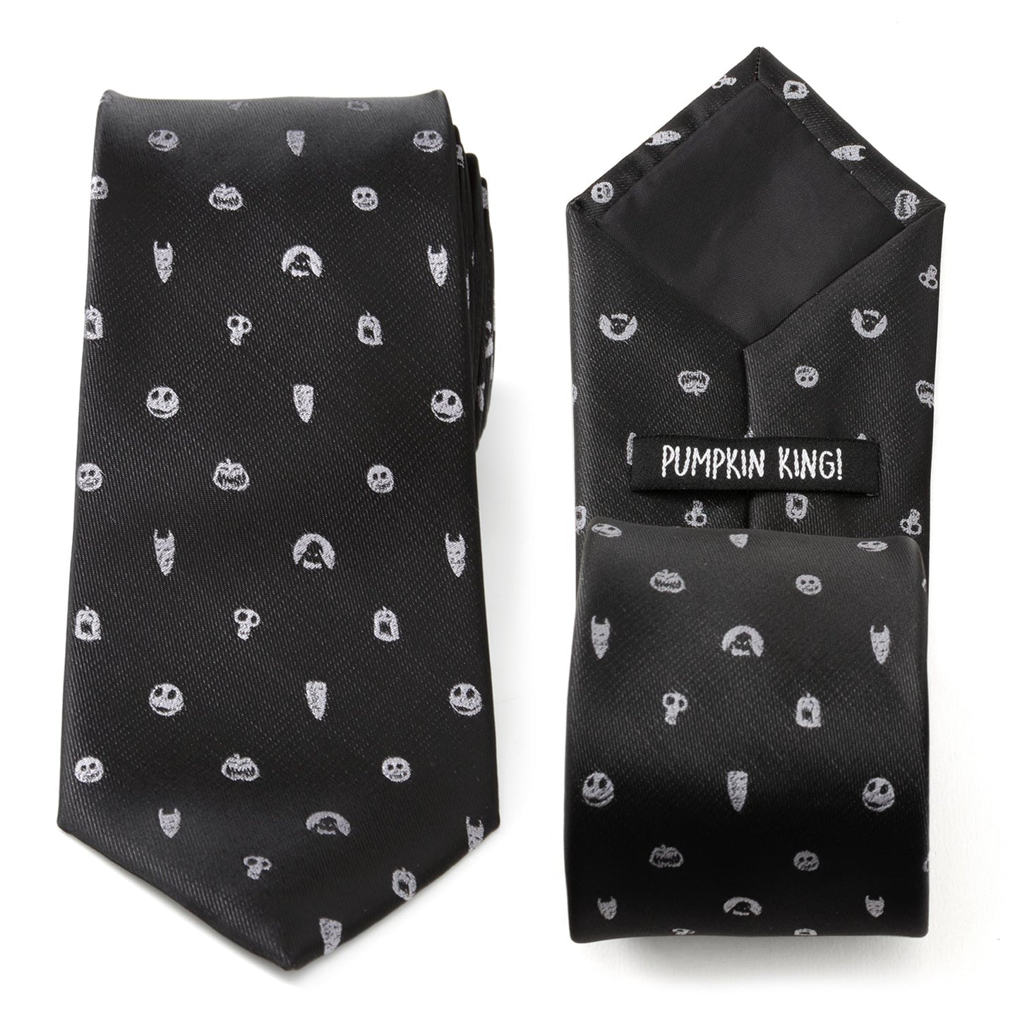 Black tie with white pattern and matching pocket square on a white background Nightmare Before Christmas