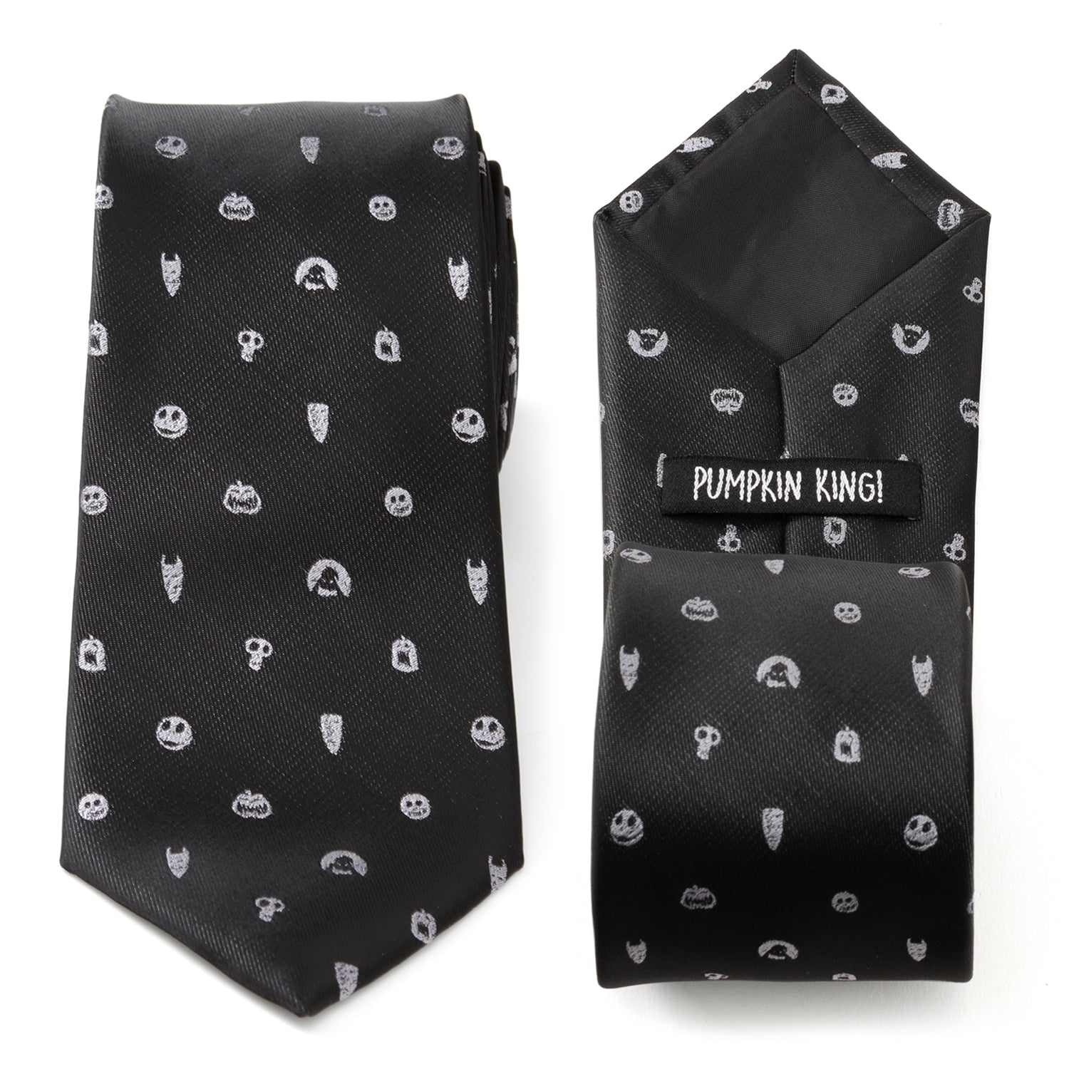 Black tie with white pattern and matching pocket square on a white background Nightmare Before Christmas