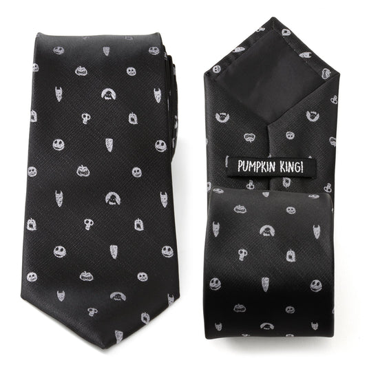 Black tie with white pattern and matching pocket square on a white background Nightmare Before Christmas
