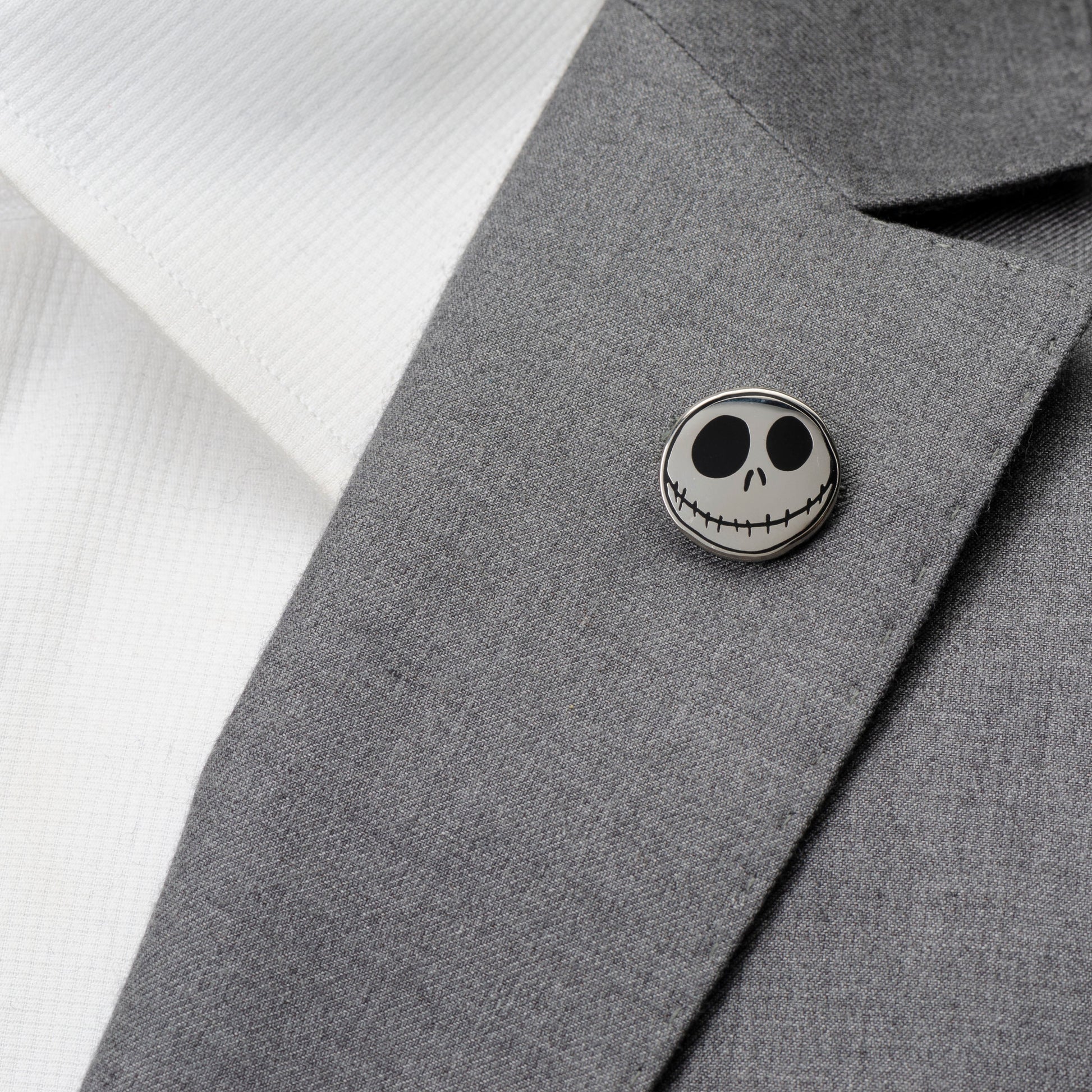 Jack Skellington enamel pin on suit lapel