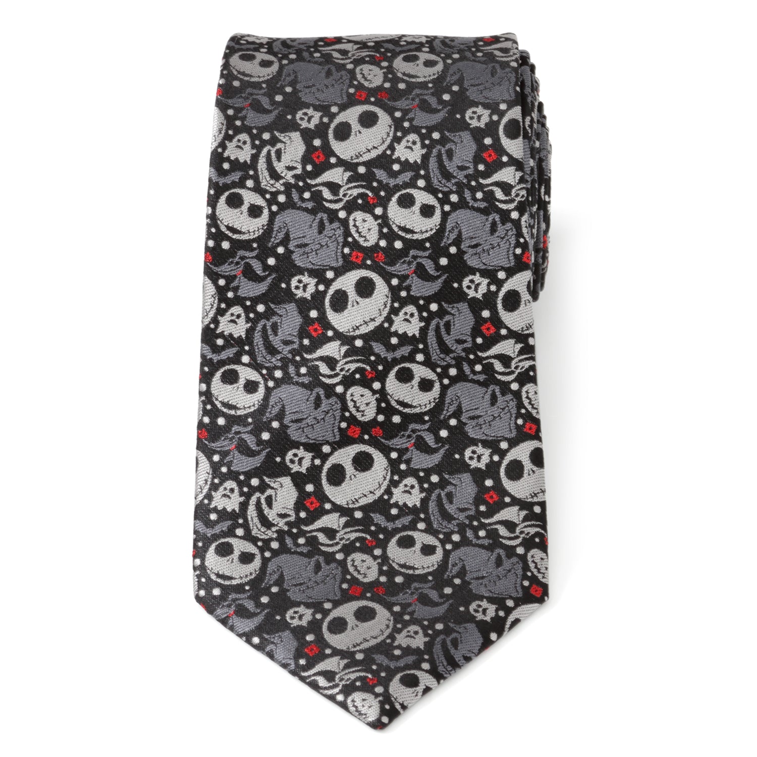 Tie with Halloween-themed design featuring ghosts, jack-o'-lanterns, and bats on a black background. Black and gray patterned silk tie close-up