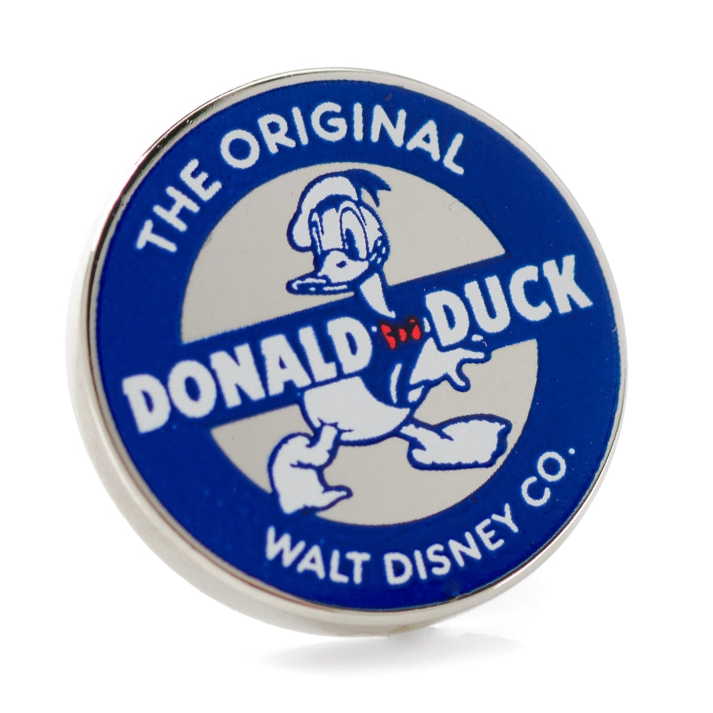 Disney Donald Duck Classic Lapel Pin featuring blue and white enamel design with beveled edge and “The Original Donald Duck” logo, officially licensed by Disney.