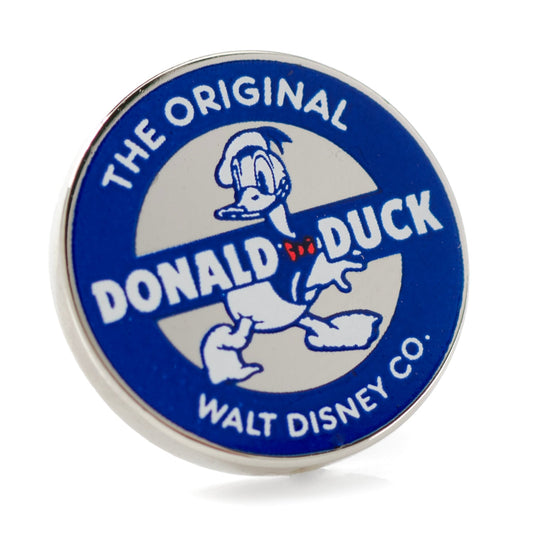 Disney Donald Duck Classic Lapel Pin featuring blue and white enamel design with beveled edge and “The Original Donald Duck” logo, officially licensed by Disney.