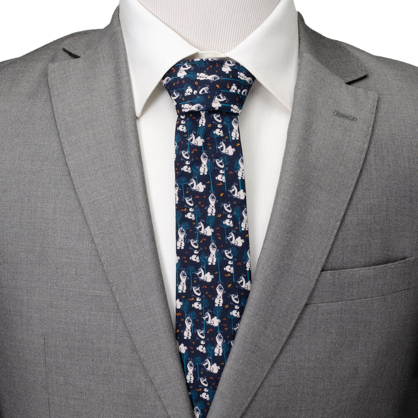 Gray suit with a white shirt and navy tie with dog pattern on a white background Frozen Olaf