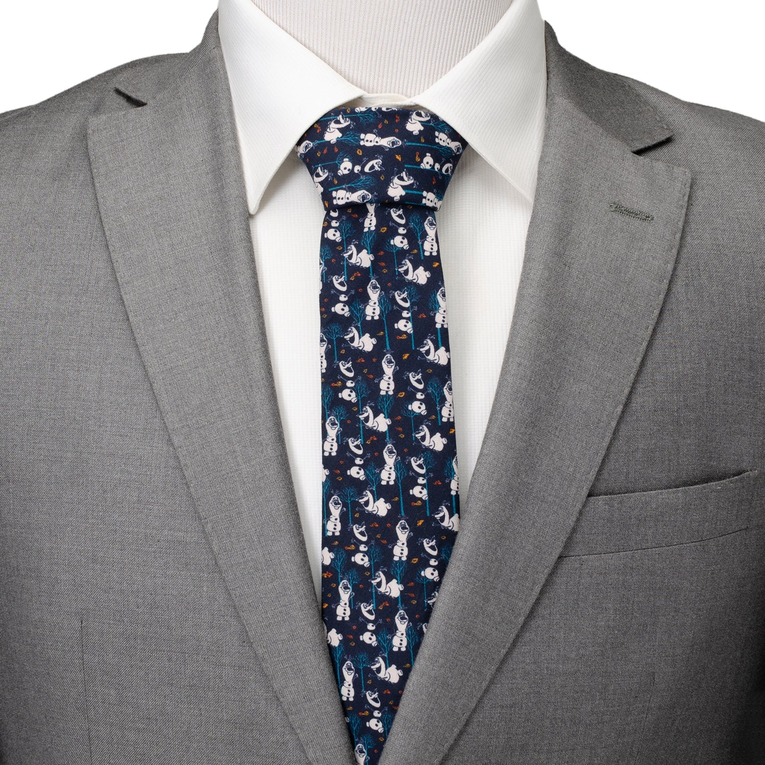 Gray suit with a white shirt and navy tie with dog pattern on a white background Frozen Olaf