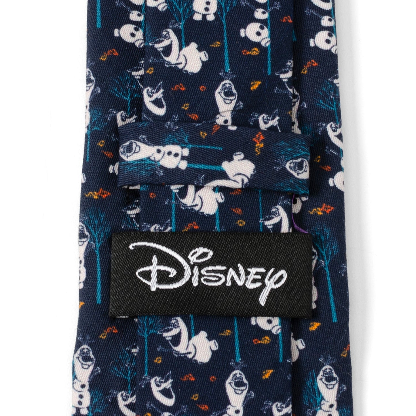 Navy tie with cartoon character pattern and Disney logo tag on a white background