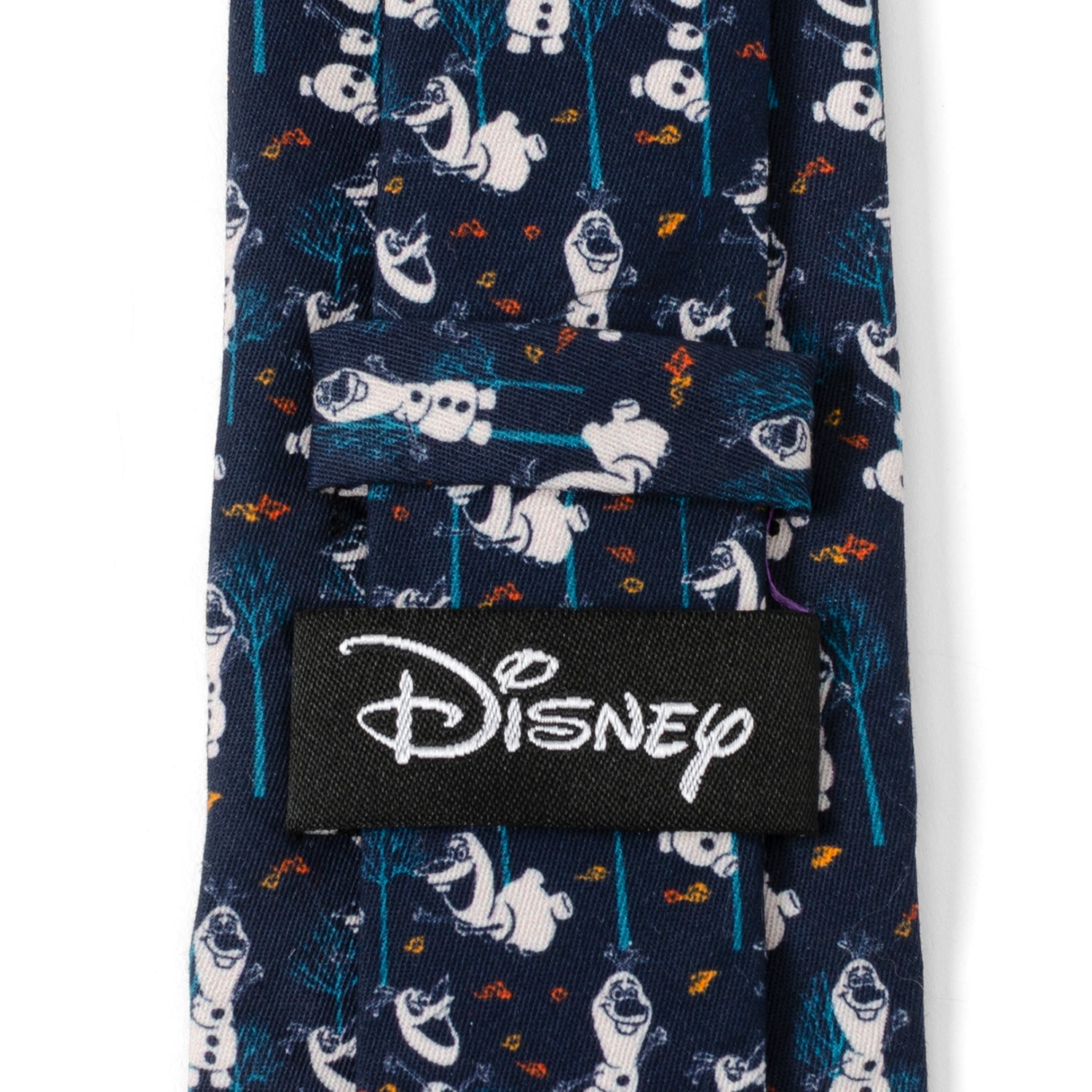 Navy tie with cartoon character pattern and Disney logo tag on a white background
