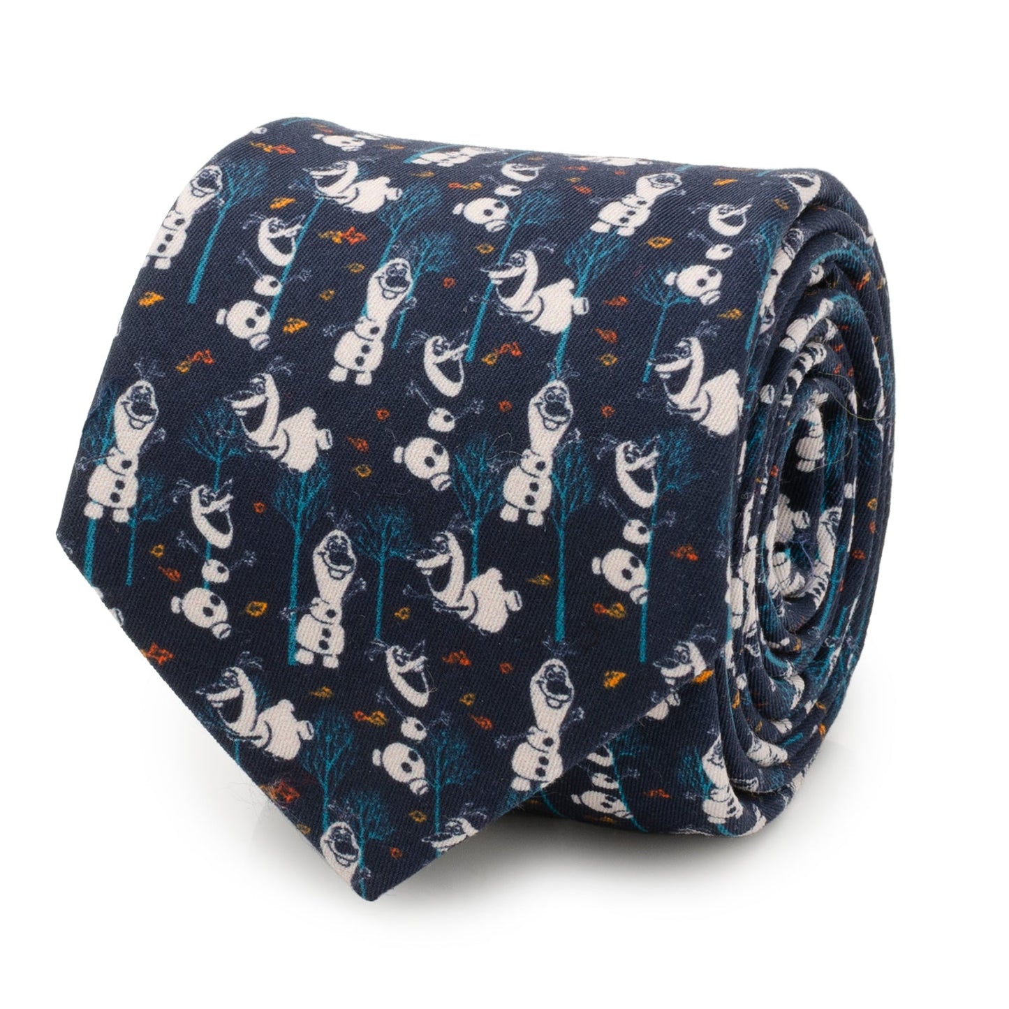 Roll of a navy blue tie with white panda bear pattern on a white background Frozen Olaf