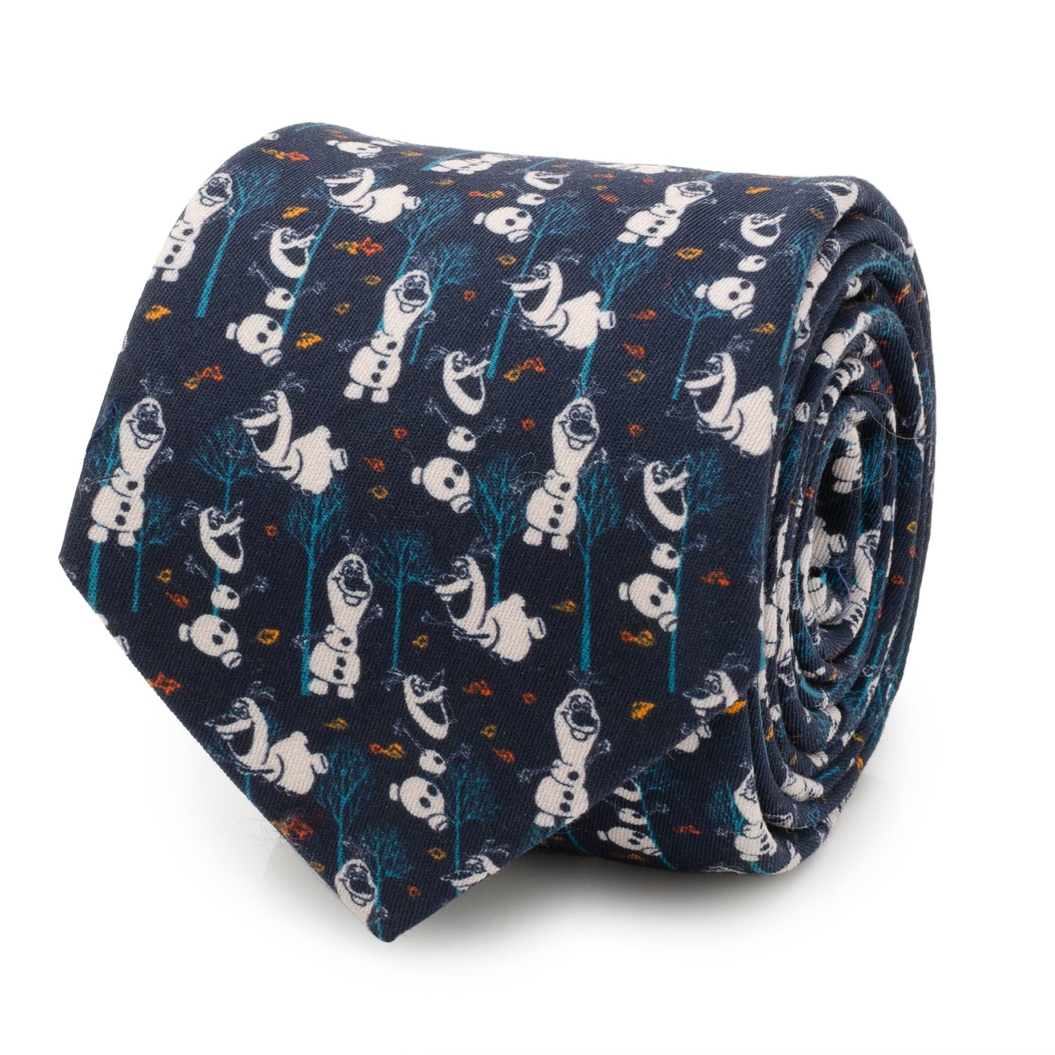 Roll of a navy blue tie with white panda bear pattern on a white background Frozen Olaf