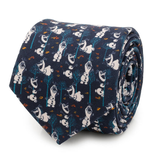 Roll of a navy blue tie with white panda bear pattern on a white background Frozen Olaf