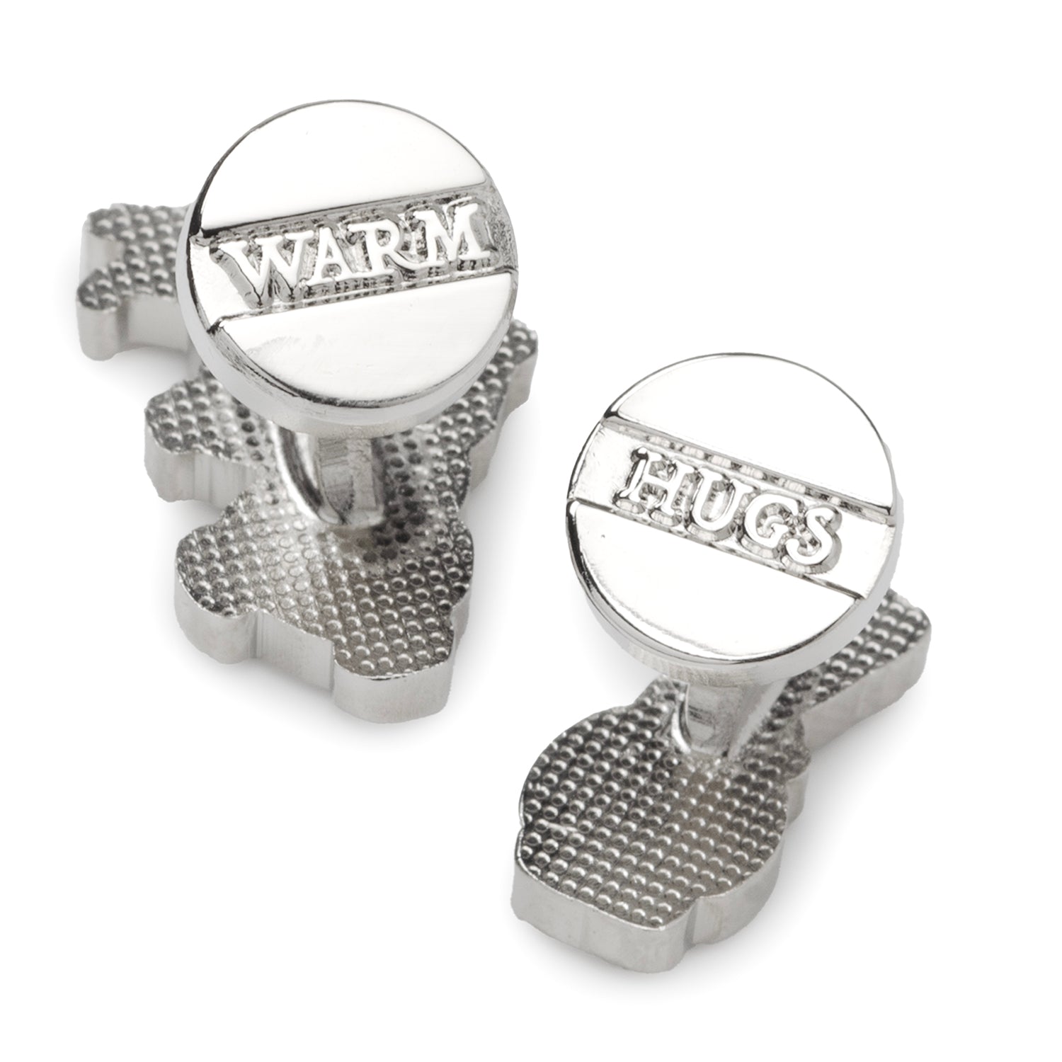Silver cufflinks with 'Warm Hugs' text on a white background