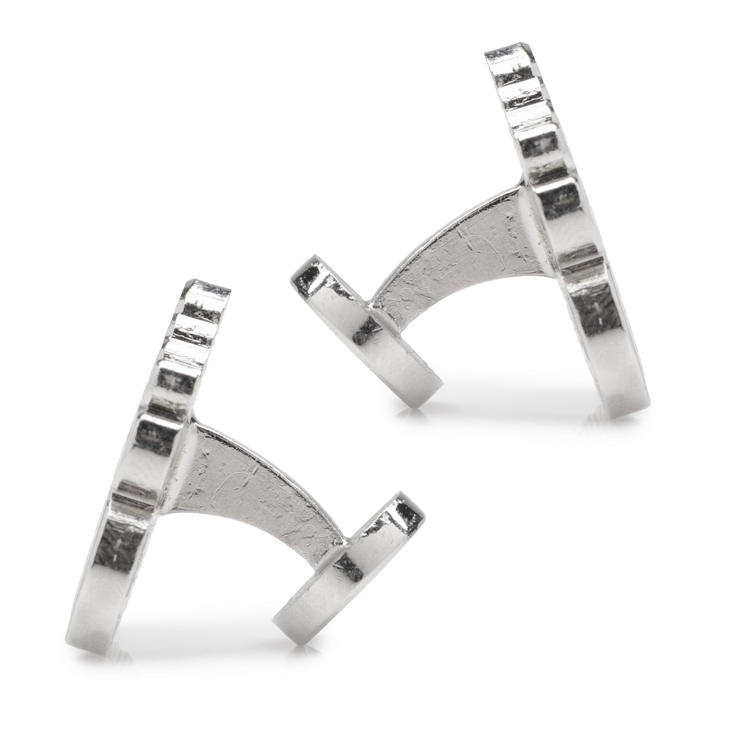 Pair of silver cufflinks on a white background
