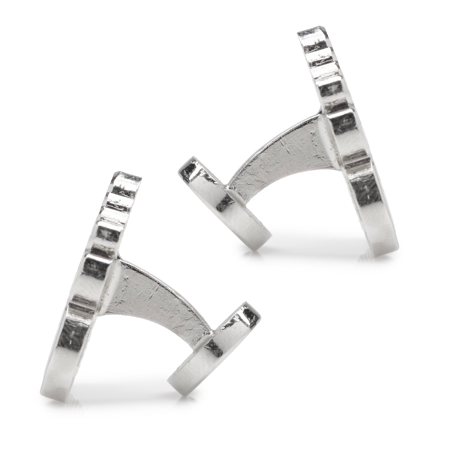 Pair of silver cufflinks on a white background