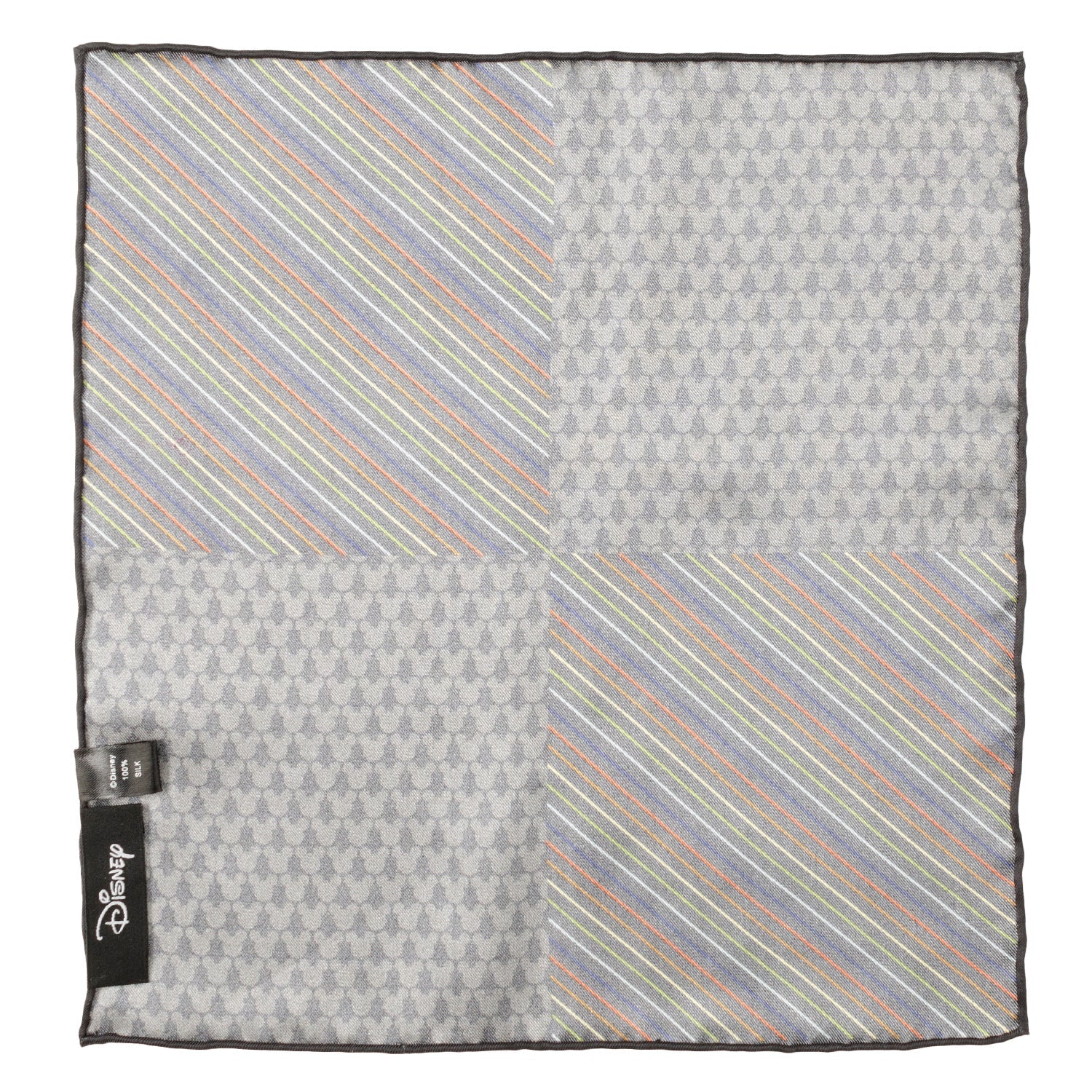 Patterned pocket square with geometric and striped designs on a white background