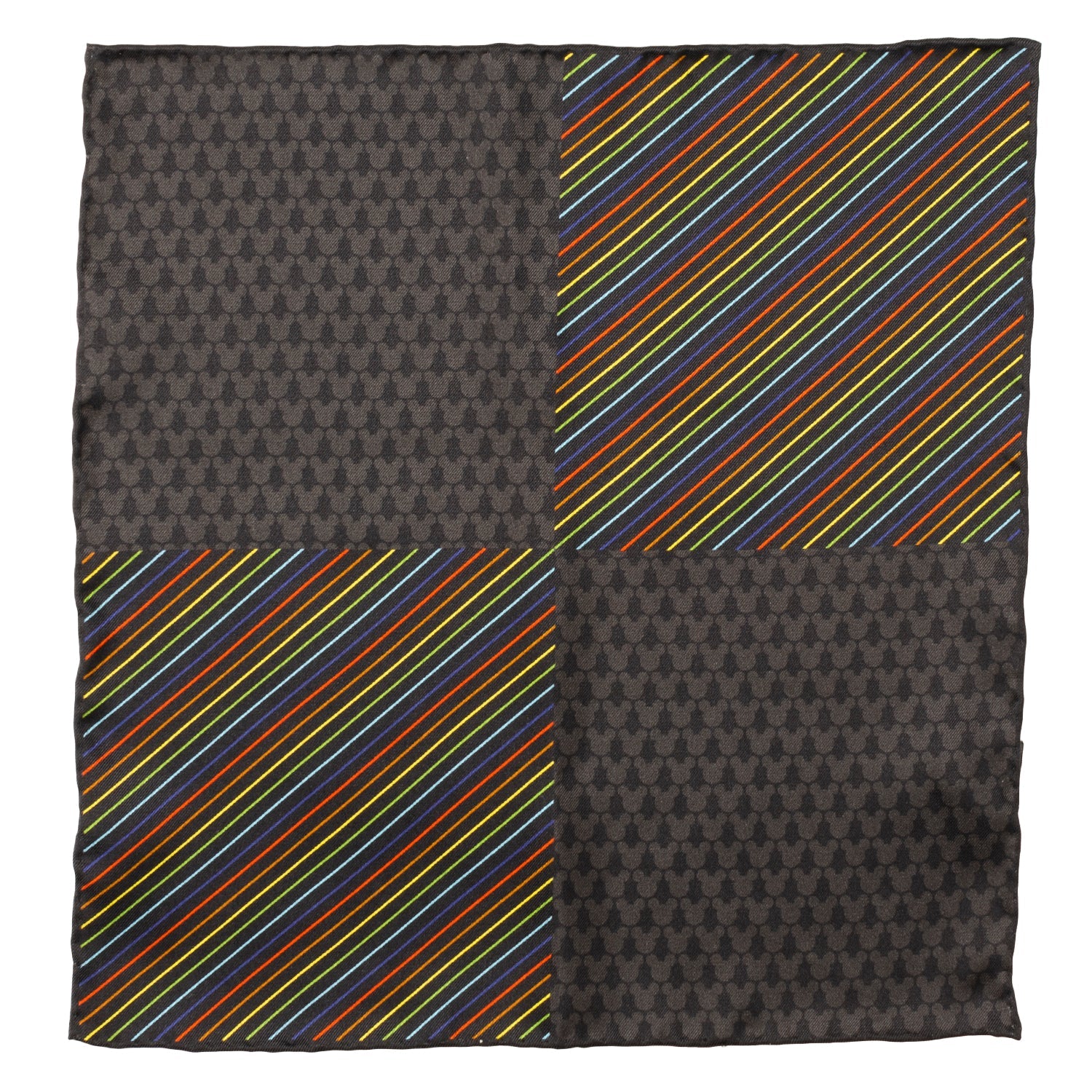 Fabric swatch with checkered and striped patterns on a white background