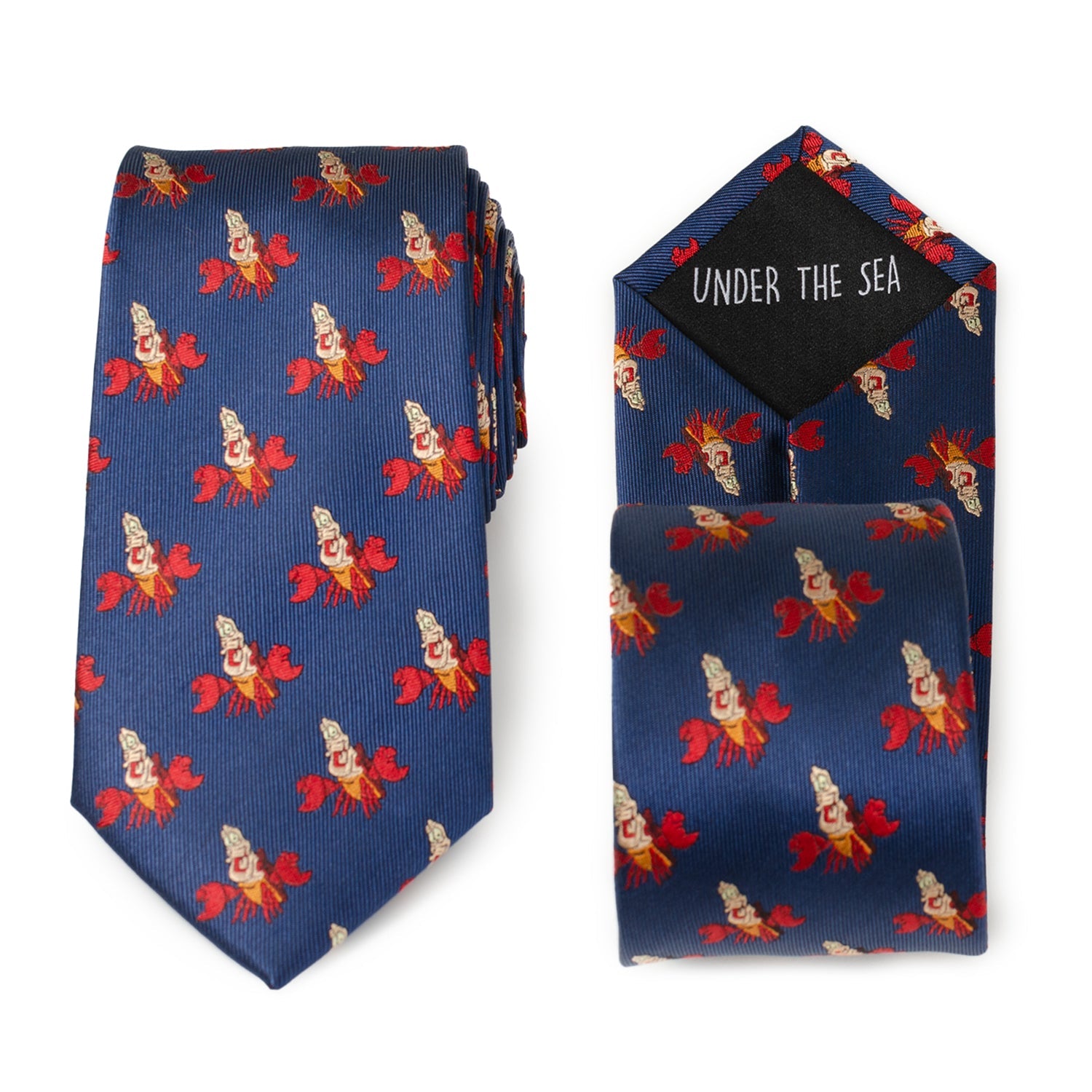 Blue tie with lobster pattern and matching pocket square on a white background Little Mermaid Sebastian