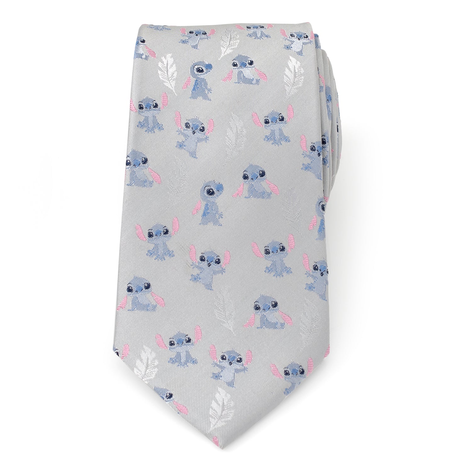 Disney Lilo & Stitch Gray Silk Blend Men’s Tie featuring blue Stitch and feather motifs on a light gray background. Officially licensed by Disney.