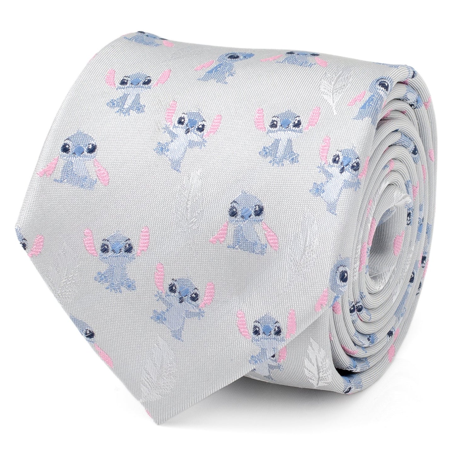 Disney Lilo & Stitch Gray Silk Blend Men’s Tie featuring blue Stitch and feather motifs on a light gray background. Officially licensed by Disney.