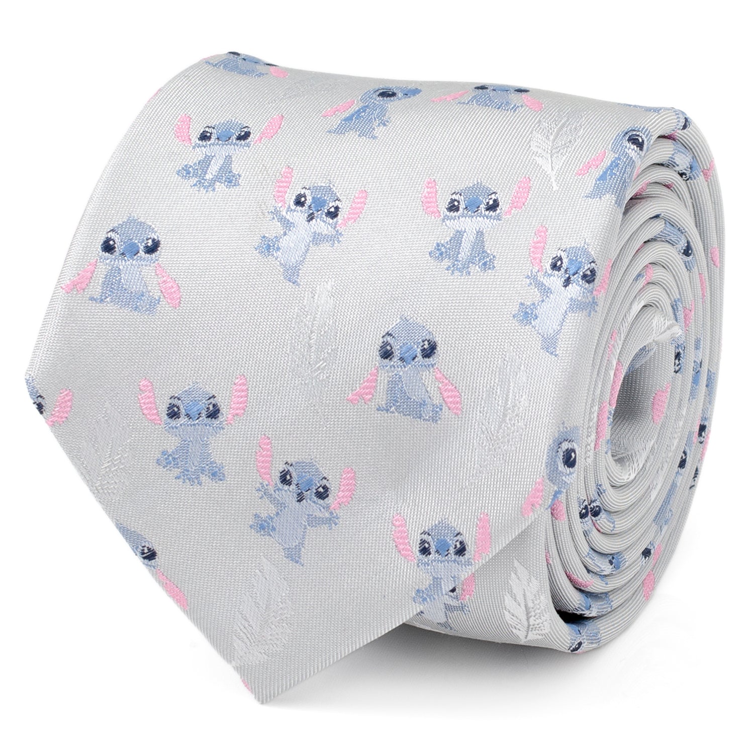 Disney Lilo & Stitch Gray Silk Blend Men’s Tie featuring blue Stitch and feather motifs on a light gray background. Officially licensed by Disney.