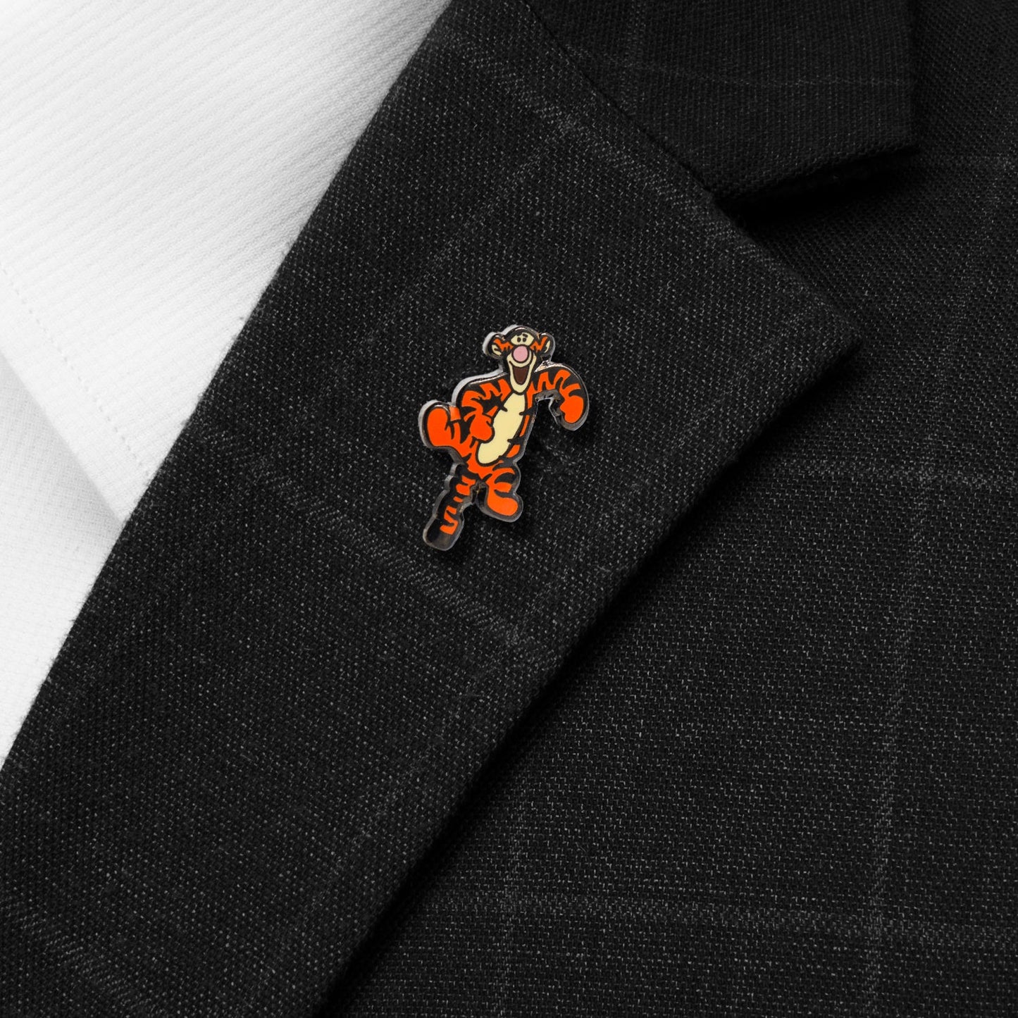 Tigger pin on a black blazer