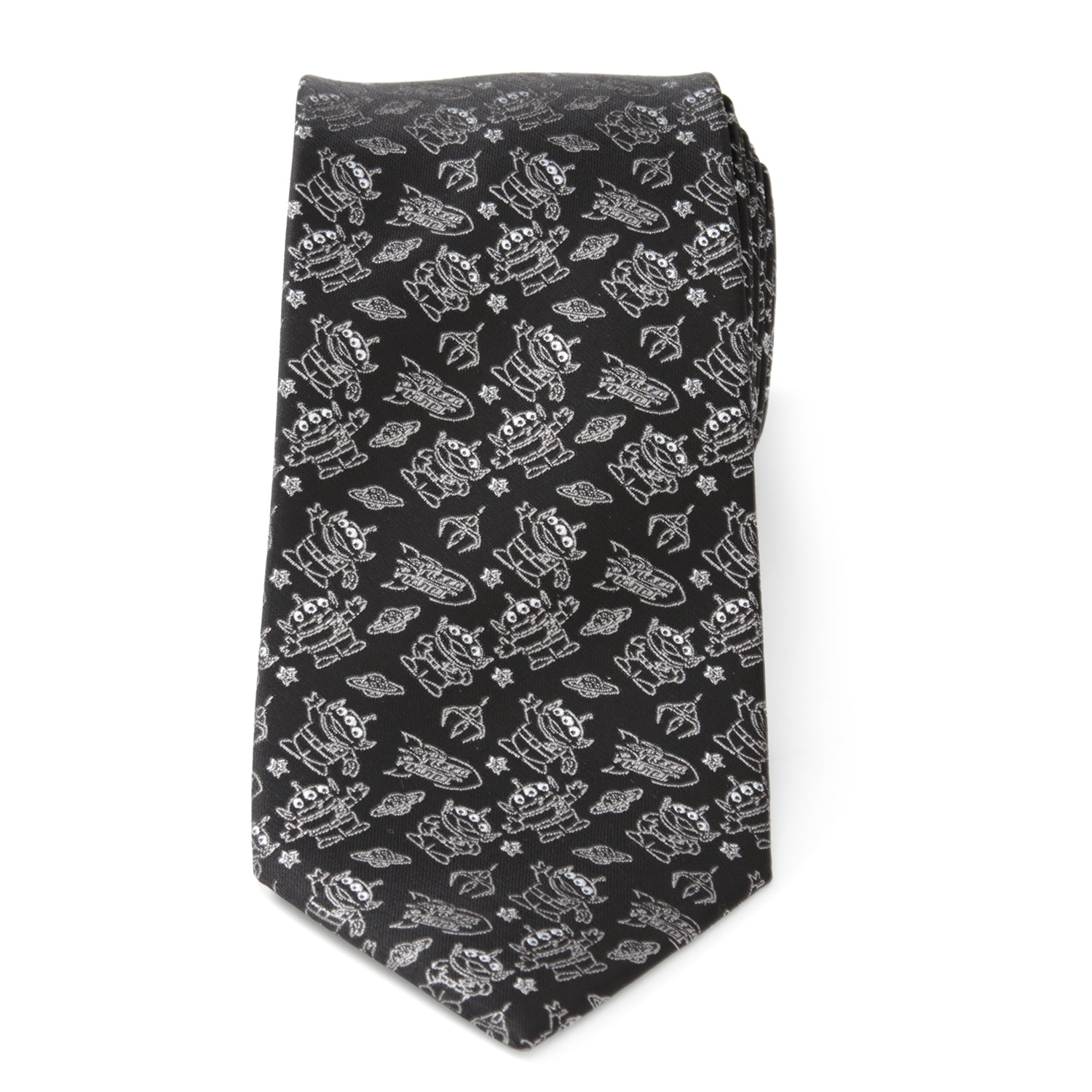Black tie with white airplane pattern on a white background