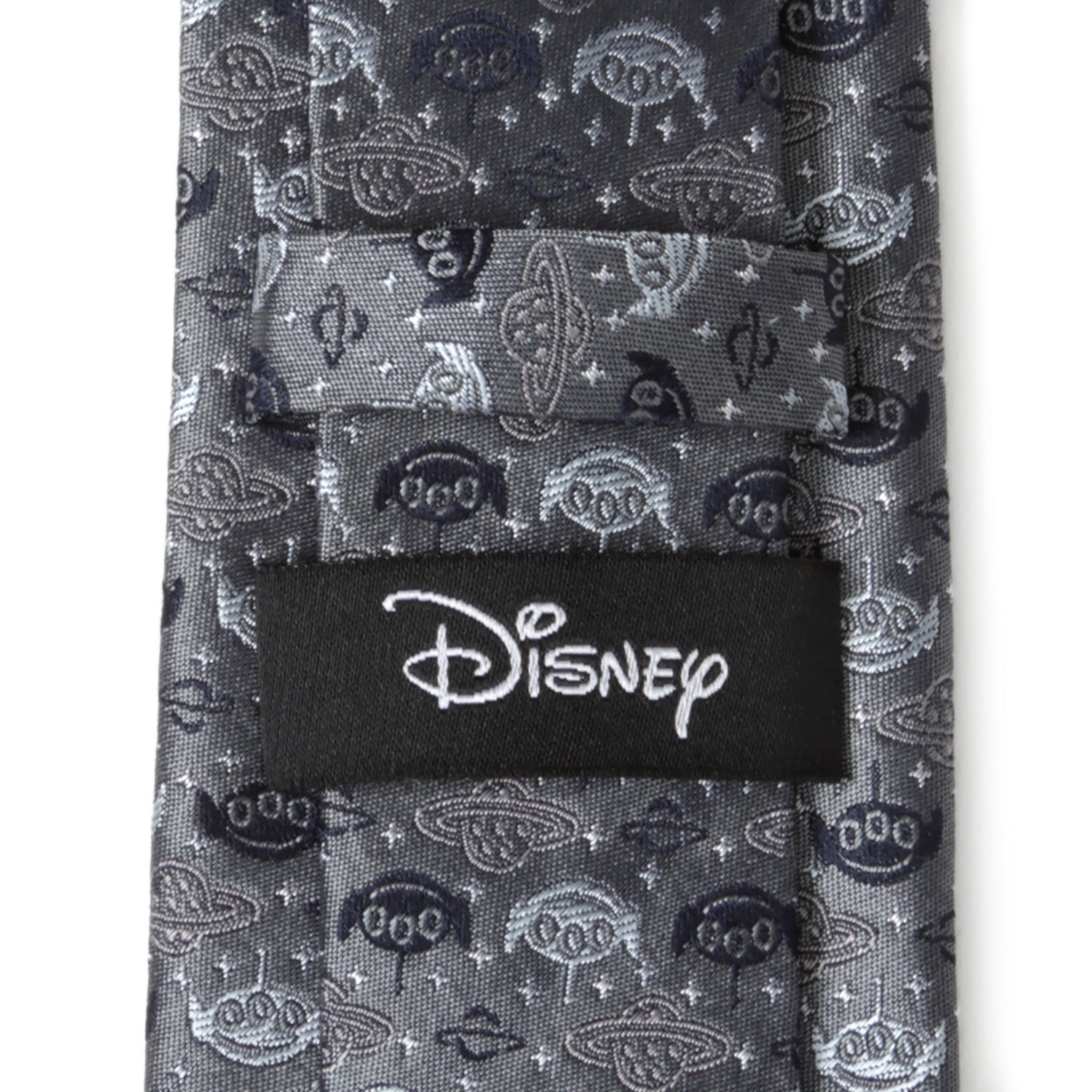 Gray tie with space-themed pattern and Disney logo tag on a white background