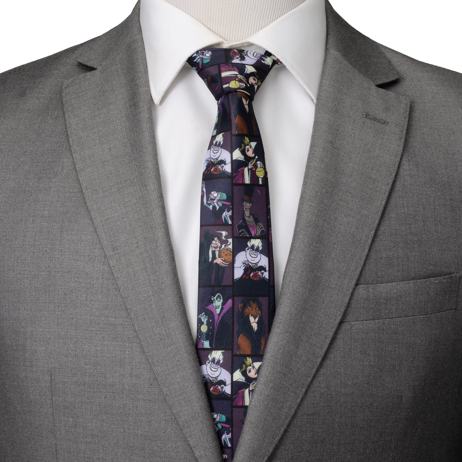 Gray suit with a colorful tie featuring cartoon characters on a mannequin.