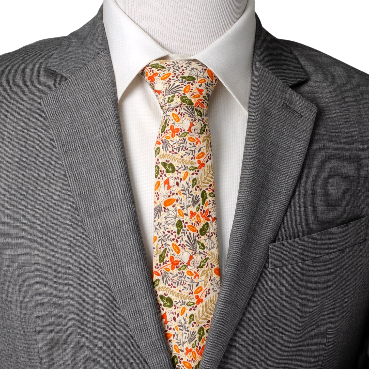 Gray suit with a white shirt and colorful floral tie on a white background Winnie the Pooh