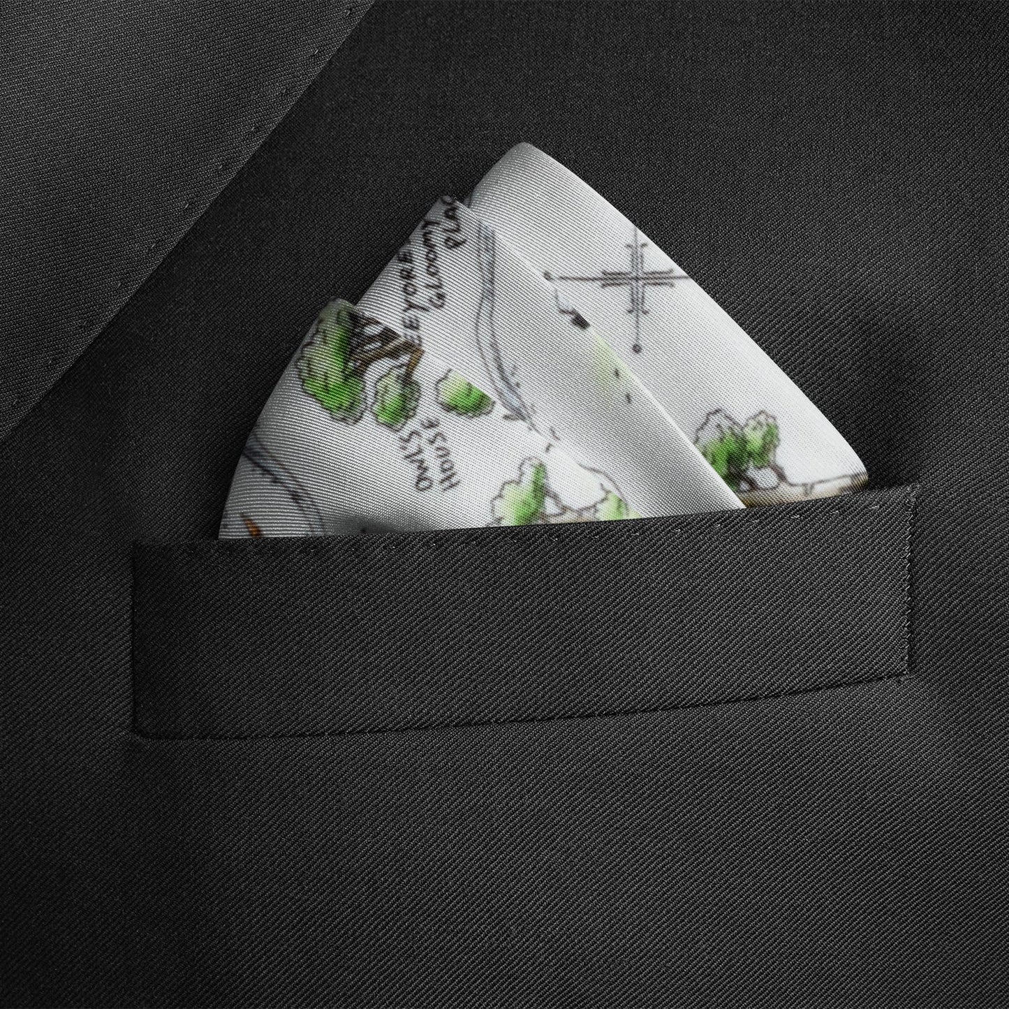 Map-themed pocket square in a black suit pocket Winnie the Pooh Map