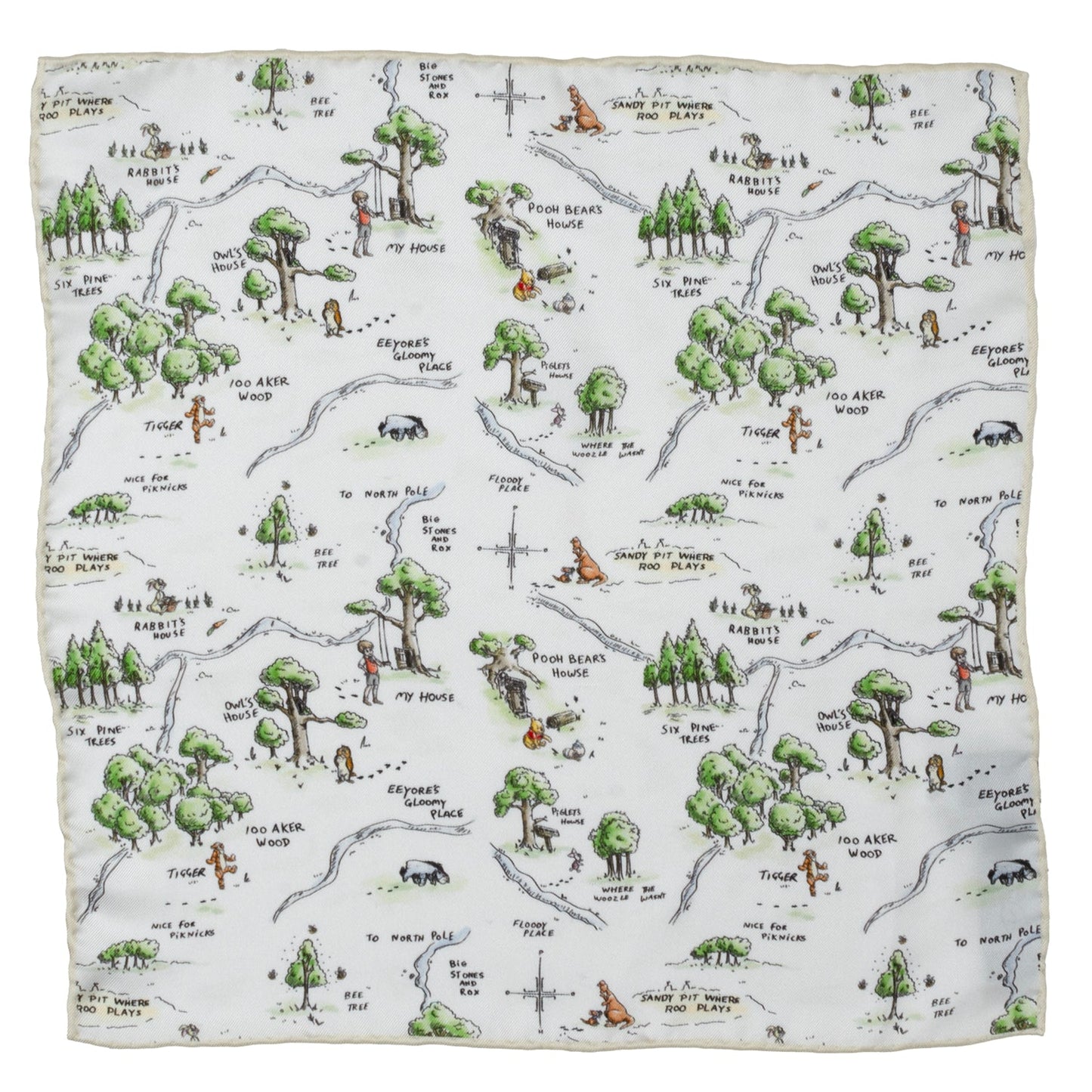 Map-themed fabric with illustrations of trees, animals, and paths on a white background Winnie the Pooh Map