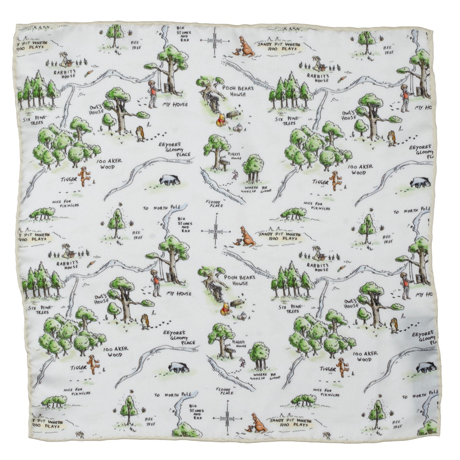 Map-themed fabric with illustrations of trees, animals, and paths on a white background Winnie the Pooh Map