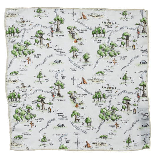 Map-themed fabric with illustrations of trees, animals, and paths on a white background Winnie the Pooh Map