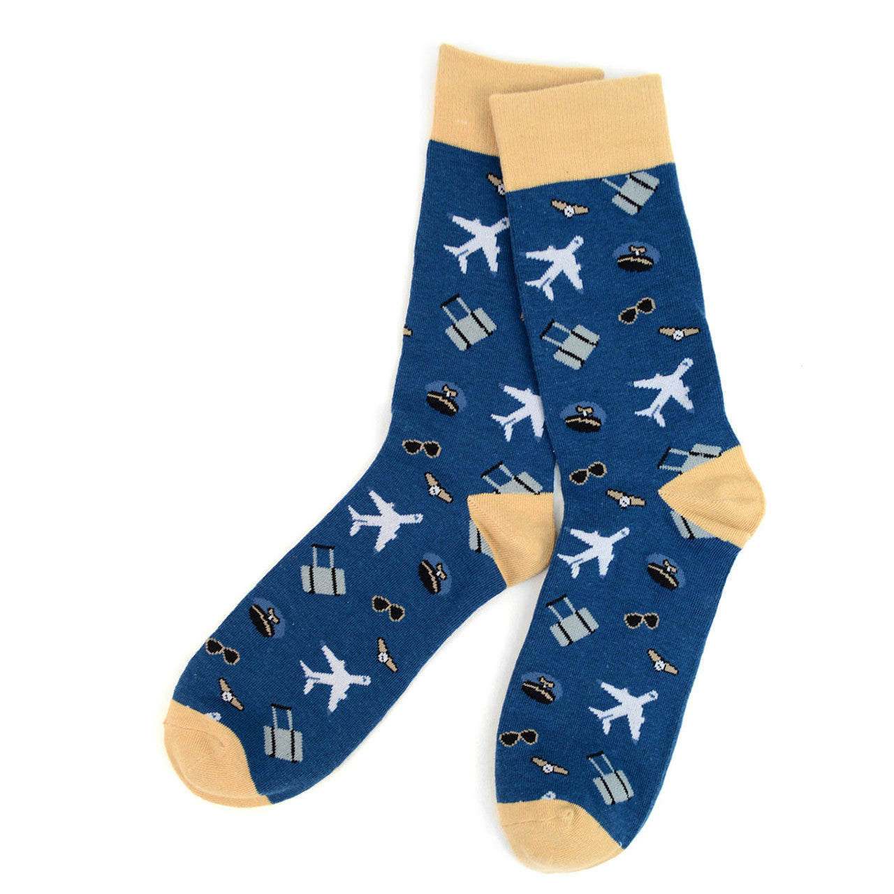 Fun Socks Men's Aviation Pilot Novelty Socks Blue Airplanes Travel Pilot Gifts